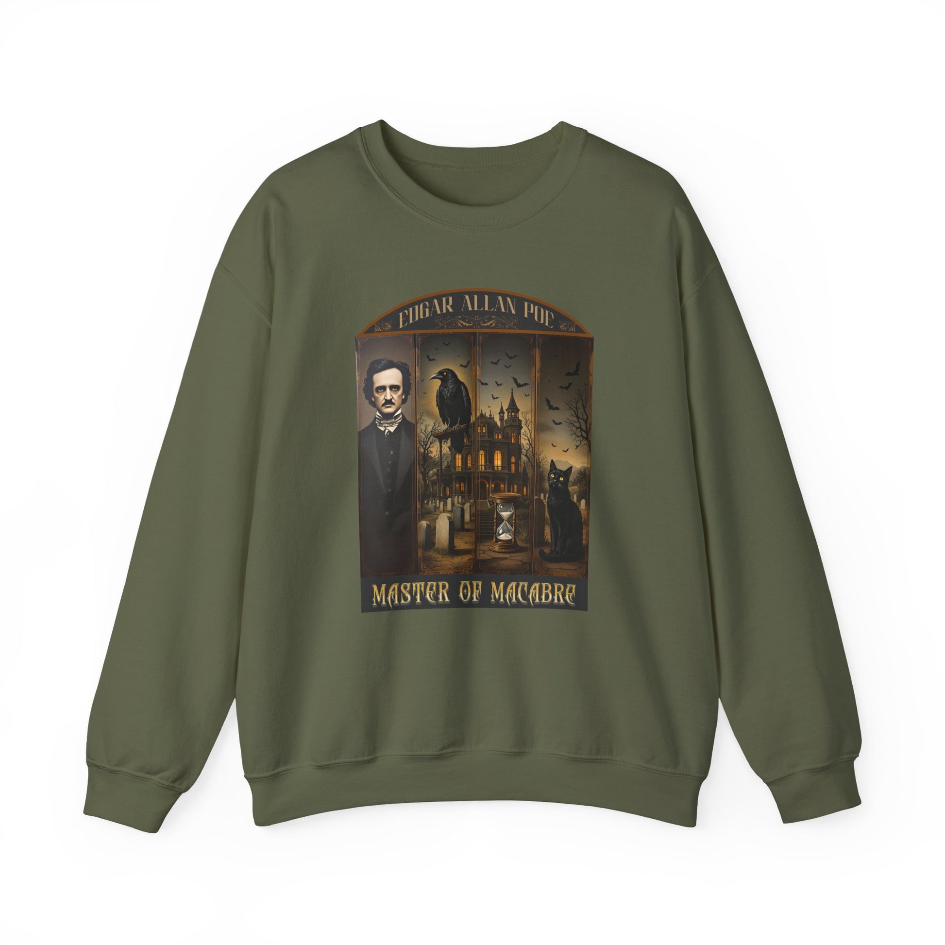 Edgar Allan Poe Sweatshirt The Raven Nevermore Gothic Horror Sweater Dark Academia Macabre Halloween Gift for Book Lovers Birthday Christmas Sweatshirt Printify Military Green S
