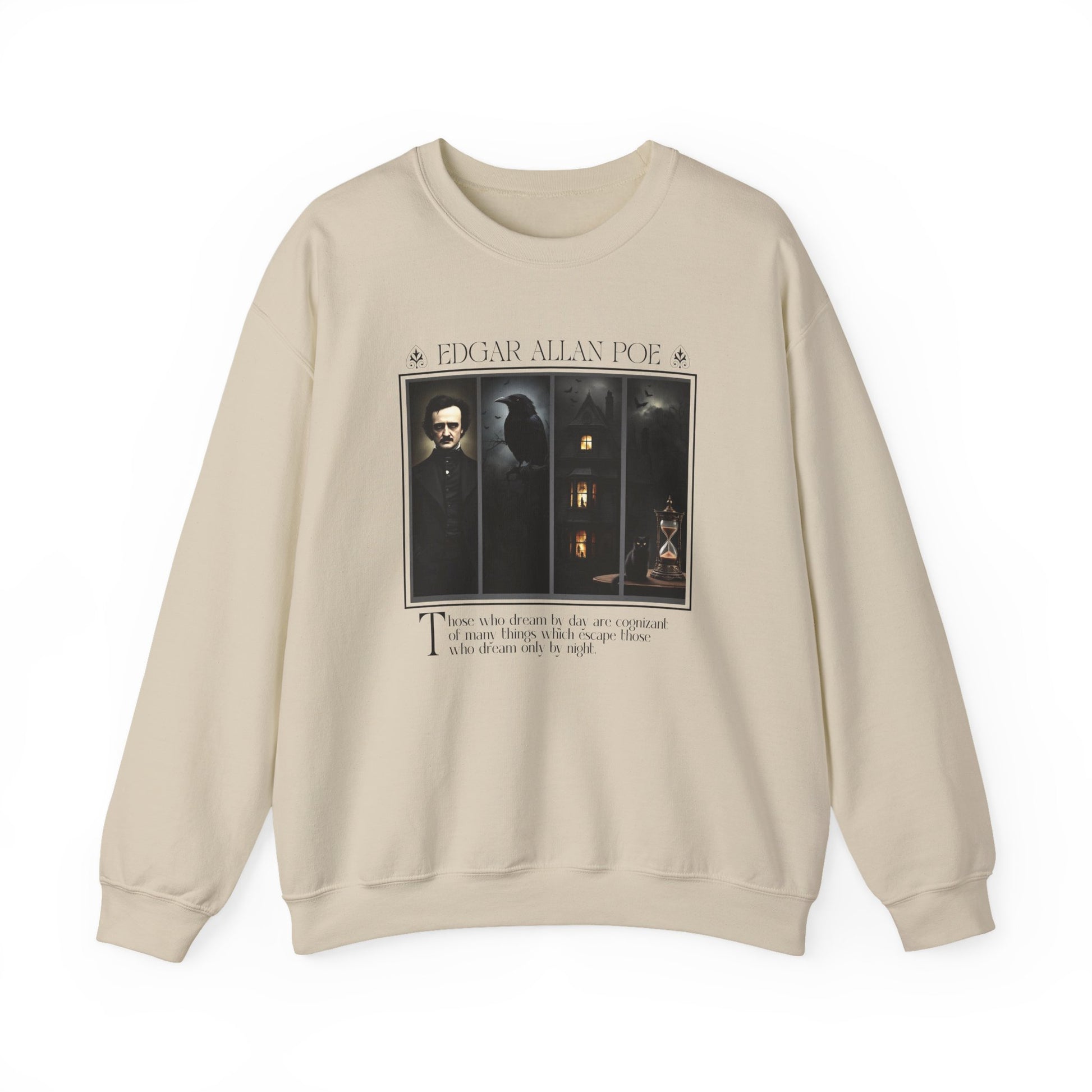 Edgar Allan Poe Sweatshirt The Raven Nevermore Gothic Horror Sweater Dark Academia Macabre Halloween Gift for Book Lovers Birthday Christmas Sweatshirt Printify Sand S
