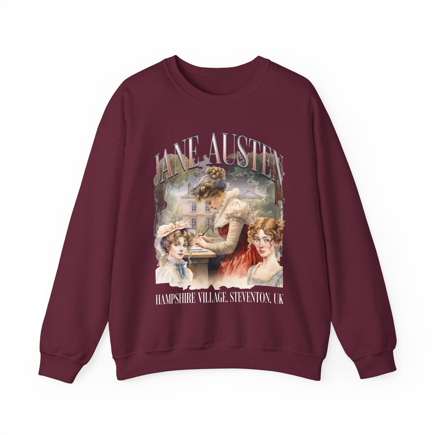 Retro Jane Austen Unisex Heavy Blend™ Crewneck Sweatshirt Sweatshirt Printify S Maroon 