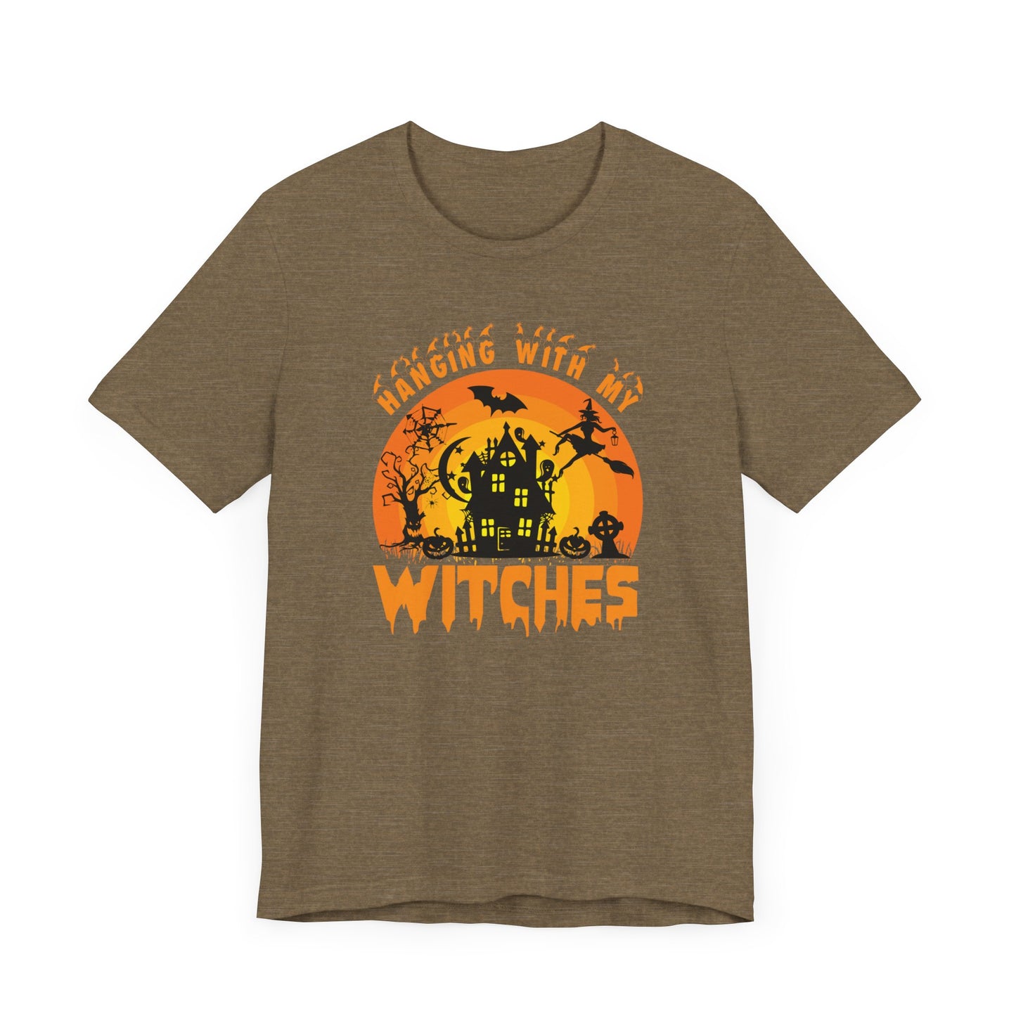 Witches and Haunted House Shirt,  Spooky Halloween Season Graphic Tee, Sunset Halloween Design, Creepy Fall or Autumn Style T Shirt, T-Shirt Printify   