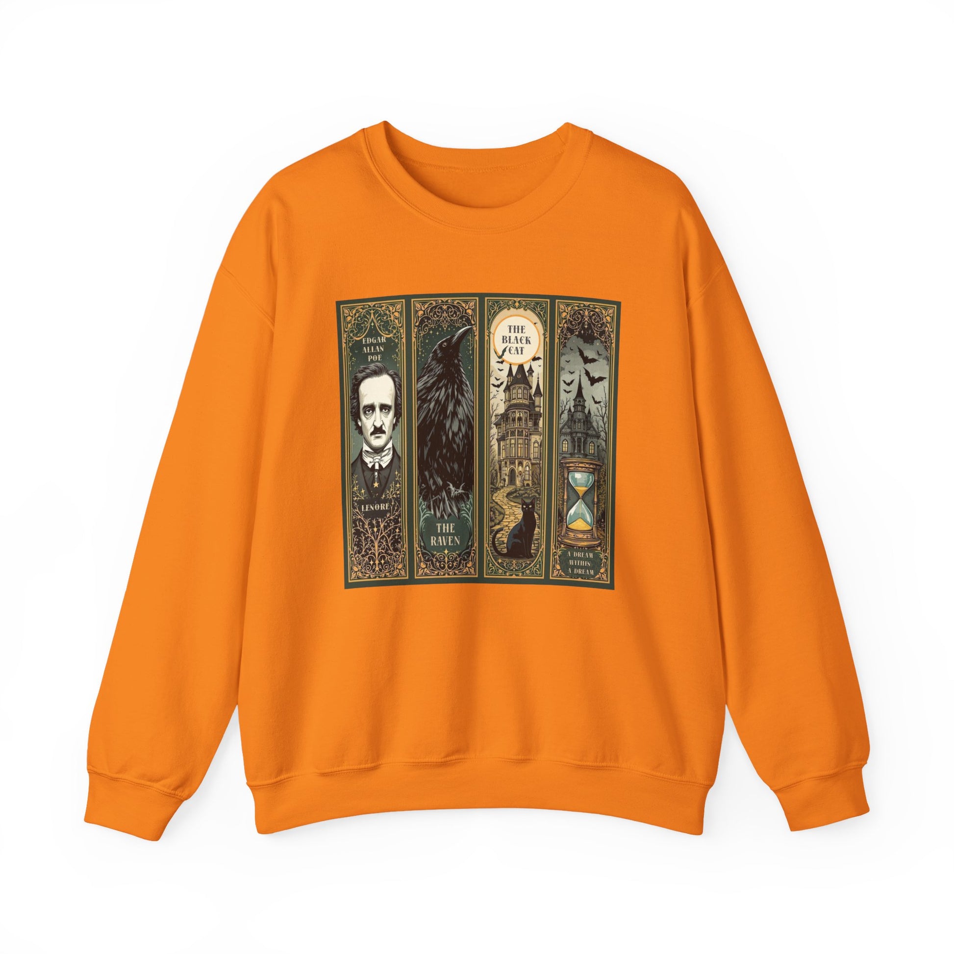 Edgar Allan Poe Sweatshirt The Raven Nevermore Gothic Horror Sweater Dark Academia Macabre Halloween Gift for Book Lovers Birthday Christmas Sweatshirt Printify Safety Orange S