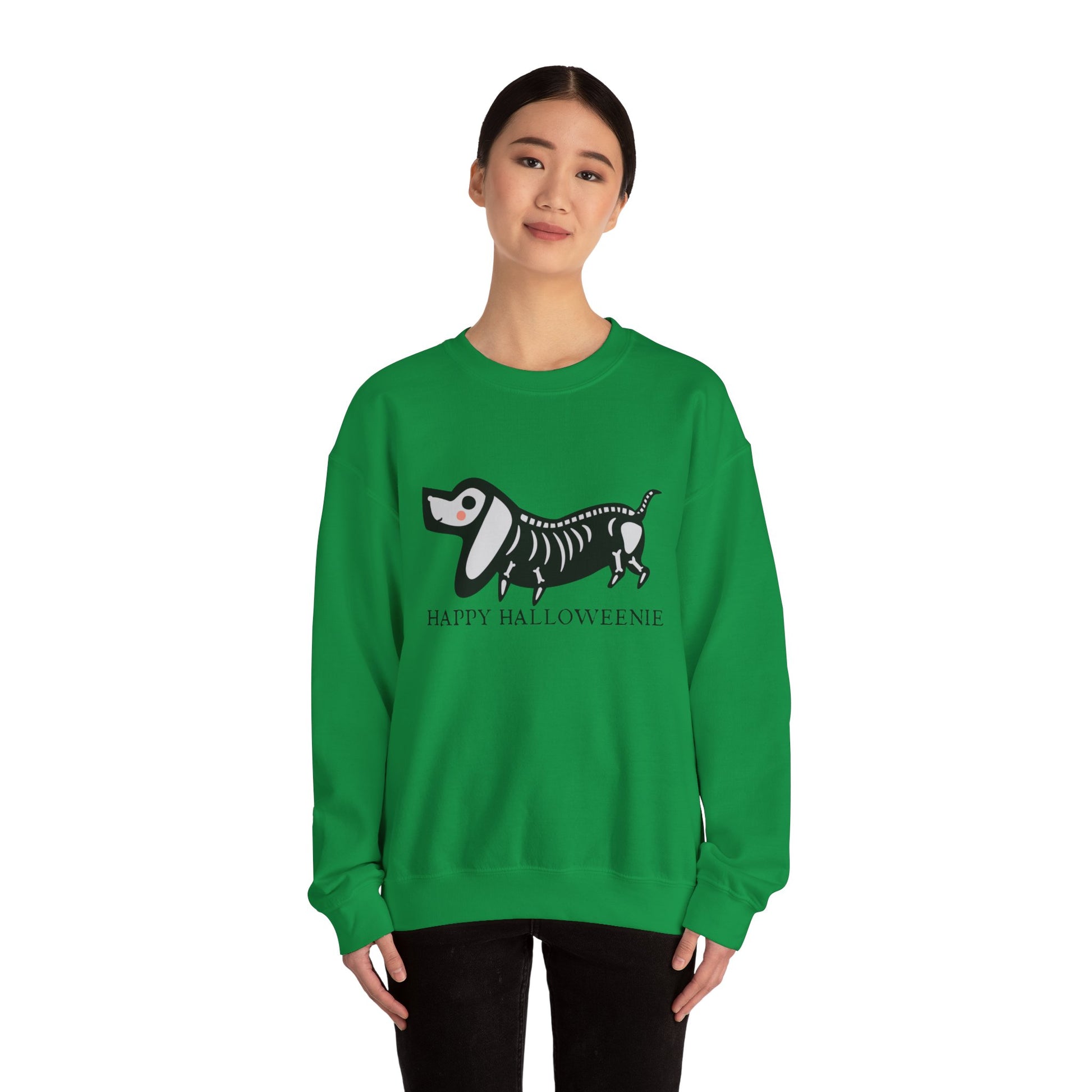 Funny Halloween Dachshund Lover Sweatshirt, Skeleton Dachshund Walking Graphic, Trick or Treat Shirt, Spooky Season, Happy Halloweenie Top Sweatshirt Printify   