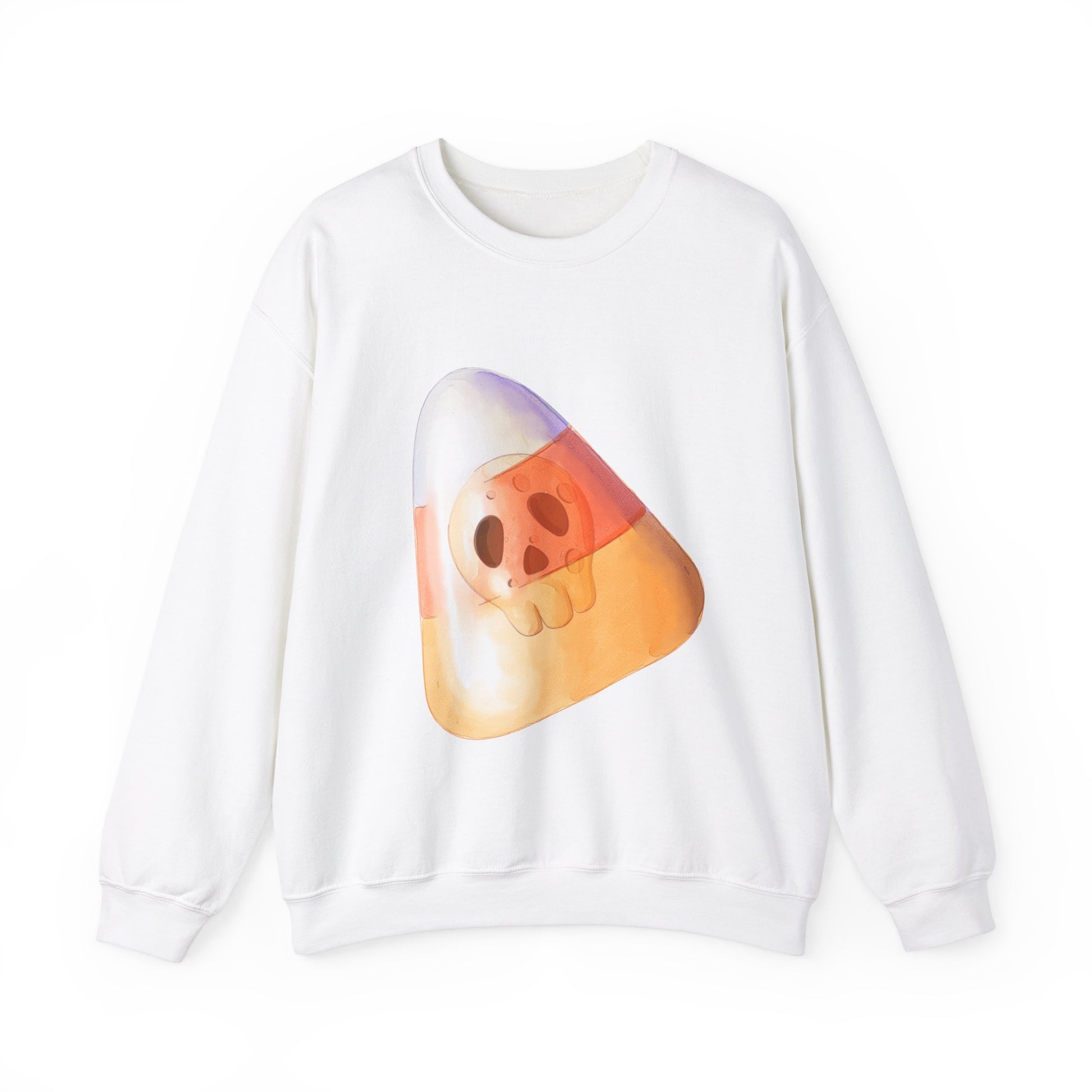 Halloween Candy Corn With Skull Face Sweatshirt, Trick or Treat Shirt, Spooky Ghost Season, Fun Halloween Fall Festival Party Sweater Sweatshirt Printify S White 