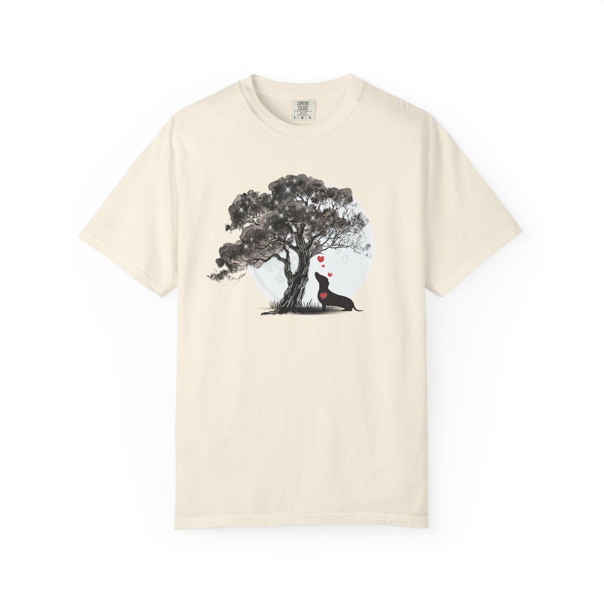 TREE MOON PET Black Dog Under Tree with Red Ball T-shirt | Dog Silhouette Nature Tee