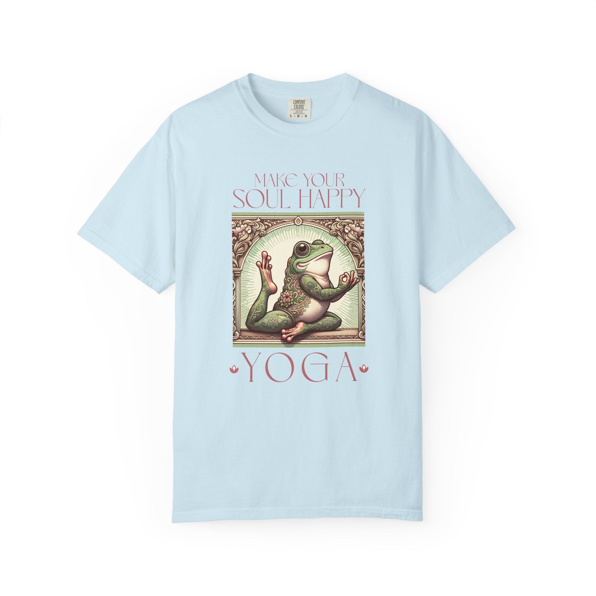 Yoga Frog Make Your Soul Happy Pink Unisex T-Shirt, Casual Wear, Highlander Fan Gift, Comfortable Graphic Tee T-Shirt Printify Chambray S