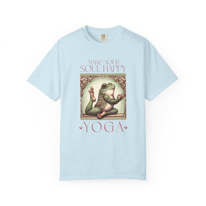 Yoga Frog Make Your Soul Happy Pink Unisex T-Shirt, Casual Wear, Highlander Fan Gift, Comfortable Graphic Tee T-Shirt Printify Chambray S