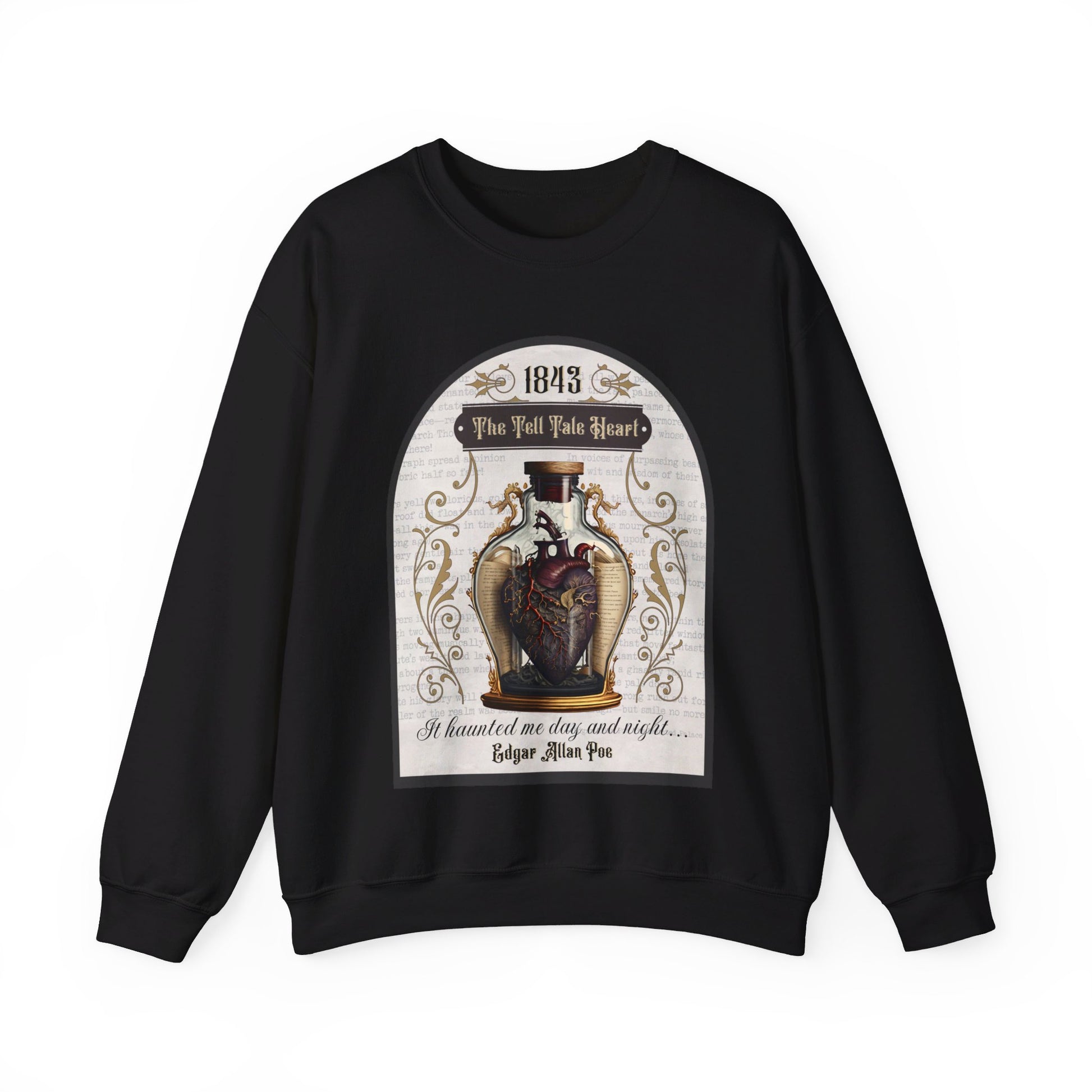 Edgar Allan Poe, The Tell Tale Heart Sweatshirt, Book Lover, Halloween, Haunting Gothic Gift, Light, Dark Academia, Horror Movie Sweater Sweatshirt Printify S Black 