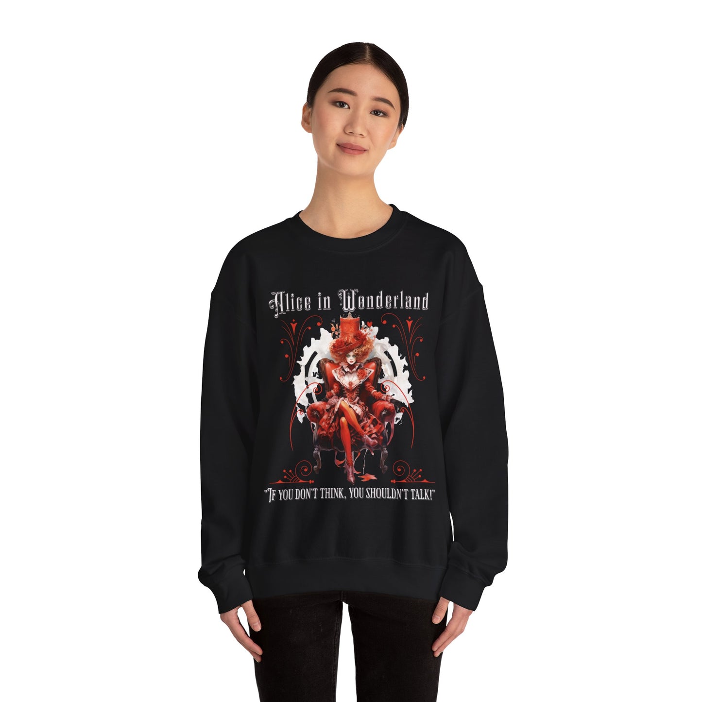 Queen of Hearts Sweatshirt, Alice In Wonderland Lewis Carroll Whimsigoth Academia Sweater Mad Hatter Tea Party Tee Bookish Booktok Gift Sweatshirt Printify   