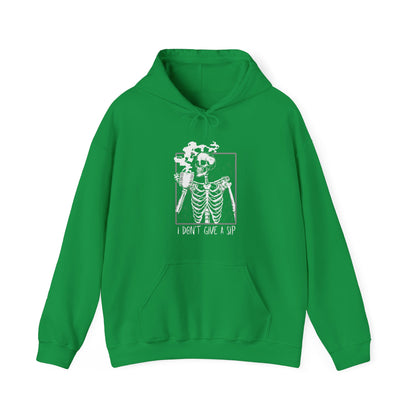 Halloween Skeleton Hoodie, Funny Coffee Drinking Skeleton, Spooky Season Sweater, Trick or Treating Shirt, Warm Halloween Party Hoodie Hoodie Printify Irish Green S 