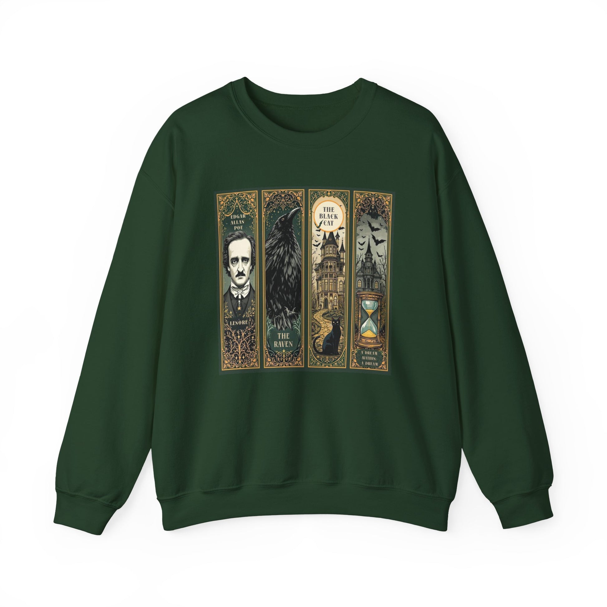 Edgar Allan Poe Sweatshirt The Raven Nevermore Gothic Horror Sweater Dark Academia Macabre Halloween Gift for Book Lovers Birthday Christmas Sweatshirt Printify Forest Green S
