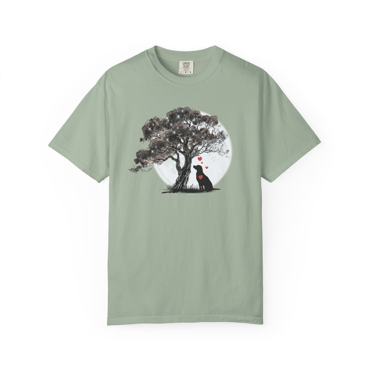 TREE MOON PET Black Dog Under Tree with Red Ball T-shirt | Dog Silhouette Nature Tee