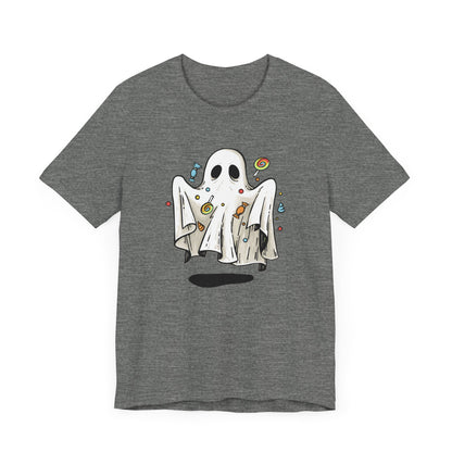 Cute Halloween Ghost Floating, Covered in Candy TShirt, Trick or Treat Shirt, Spooky Ghost Season Tee, Fun Halloween Party, Festival T-Shirt T-Shirt Printify   