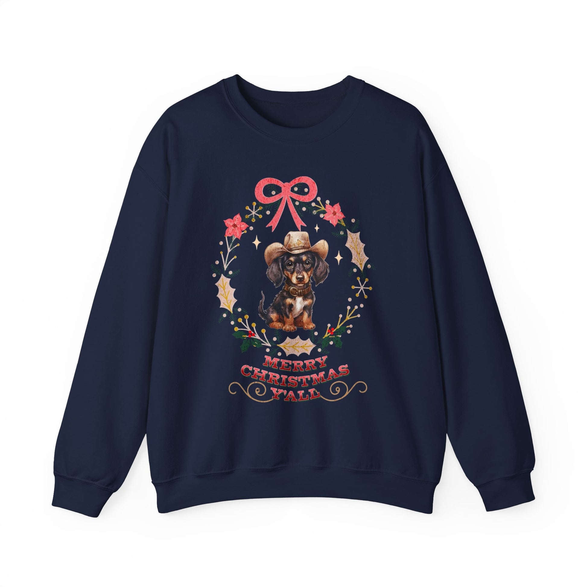 Western Dachshund Wiener Christmas Sweatshirt, Doxie Lover Gift Cowgirl Country Southern Rodeo Christmas Sweater, Animal Lover Farm Life Git Sweatshirt Printify S Navy 