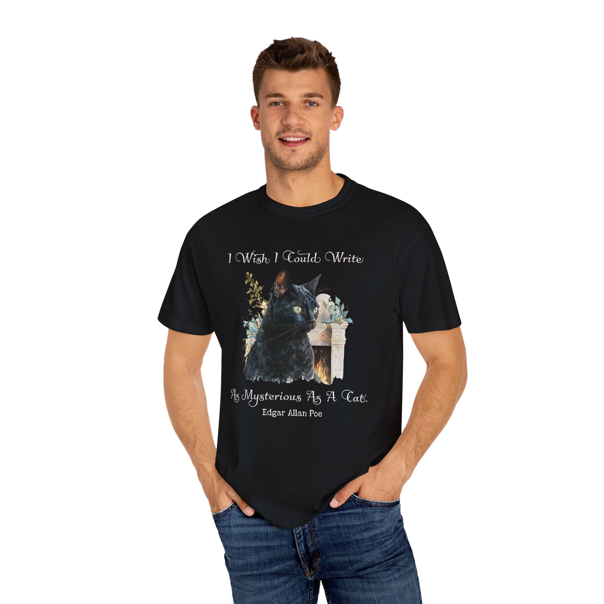 Edgar Allan Poe T-Shirt The Black Cat Nevermore The Raven Poe Fan Art Poetry Book Lover, Dark Cottagecore Macabre Gift, Light, Dark Academia T-Shirt Printify   