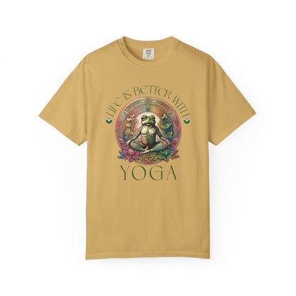 Green Yoga Frog Life Is Better With Yoga Unisex T-Shirt, Casual Wear, Highlander Fan Gift, T-Shirt Printify Mustard S
