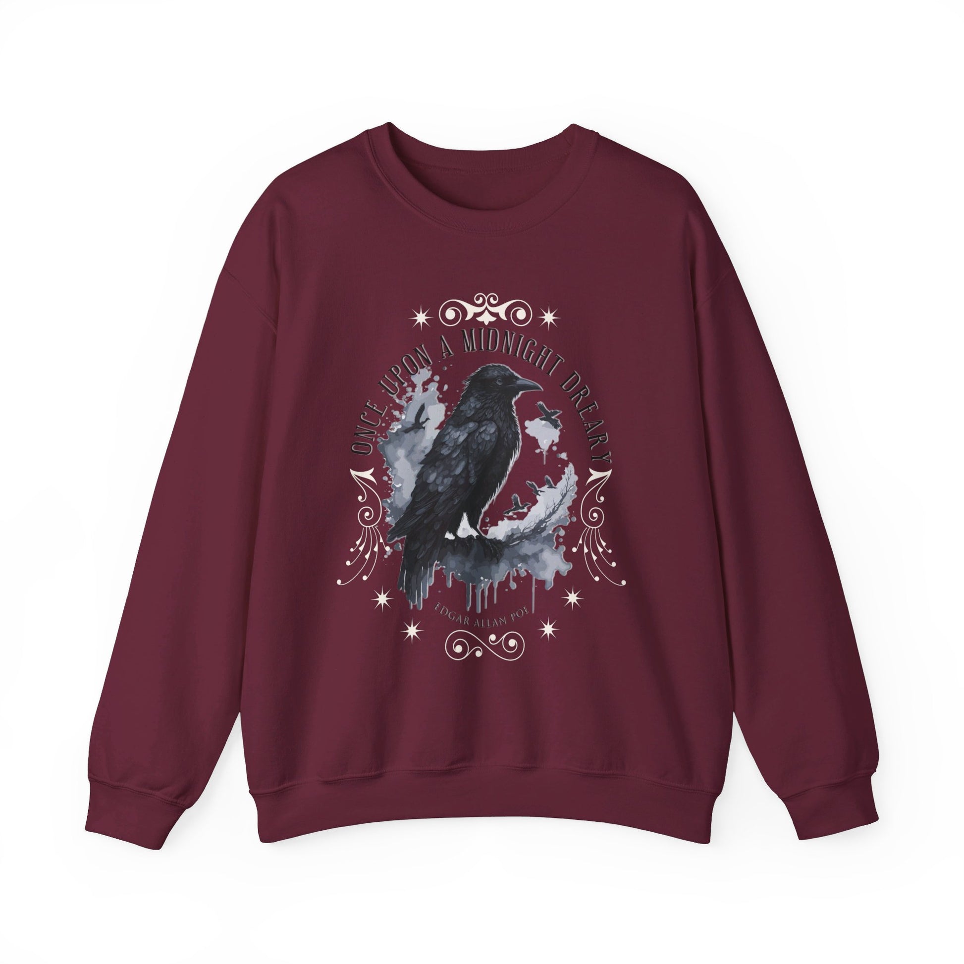 Edgar Allan Poe, The Raven Sweatshirt, Poet, Poetry Lover Sweater, Book Lover, Haunting Gothic Gift, Light, Dark Academia, Horror Movie Top Sweatshirt Printify S Maroon 