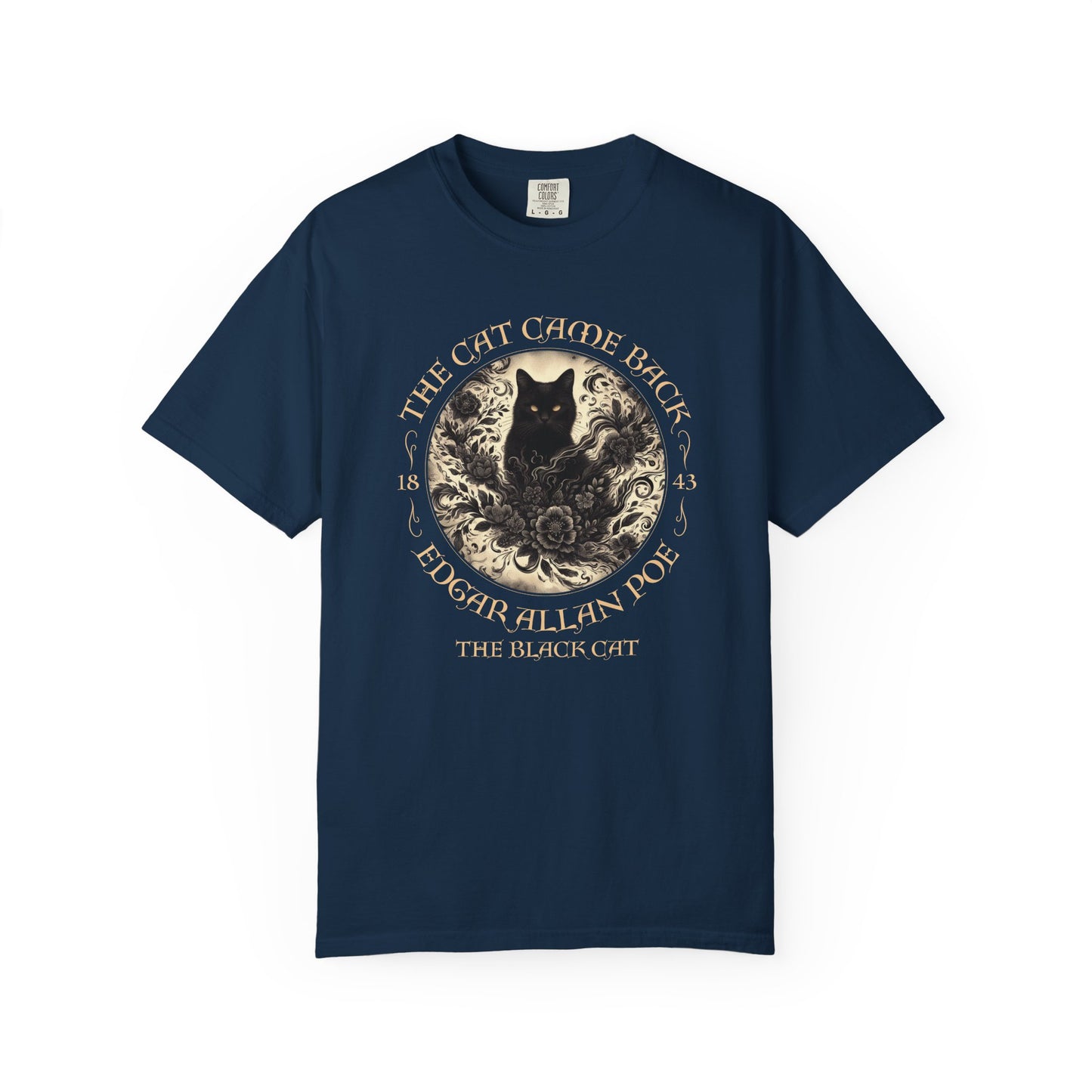 Gothic Cat TShirt Edgar Allan Poe The Black Cat Dark Academia Cottagecore Aesthetic Book Lover Gift Haunting Apparel Halloween Fall Tee T-Shirt Printify True Navy S