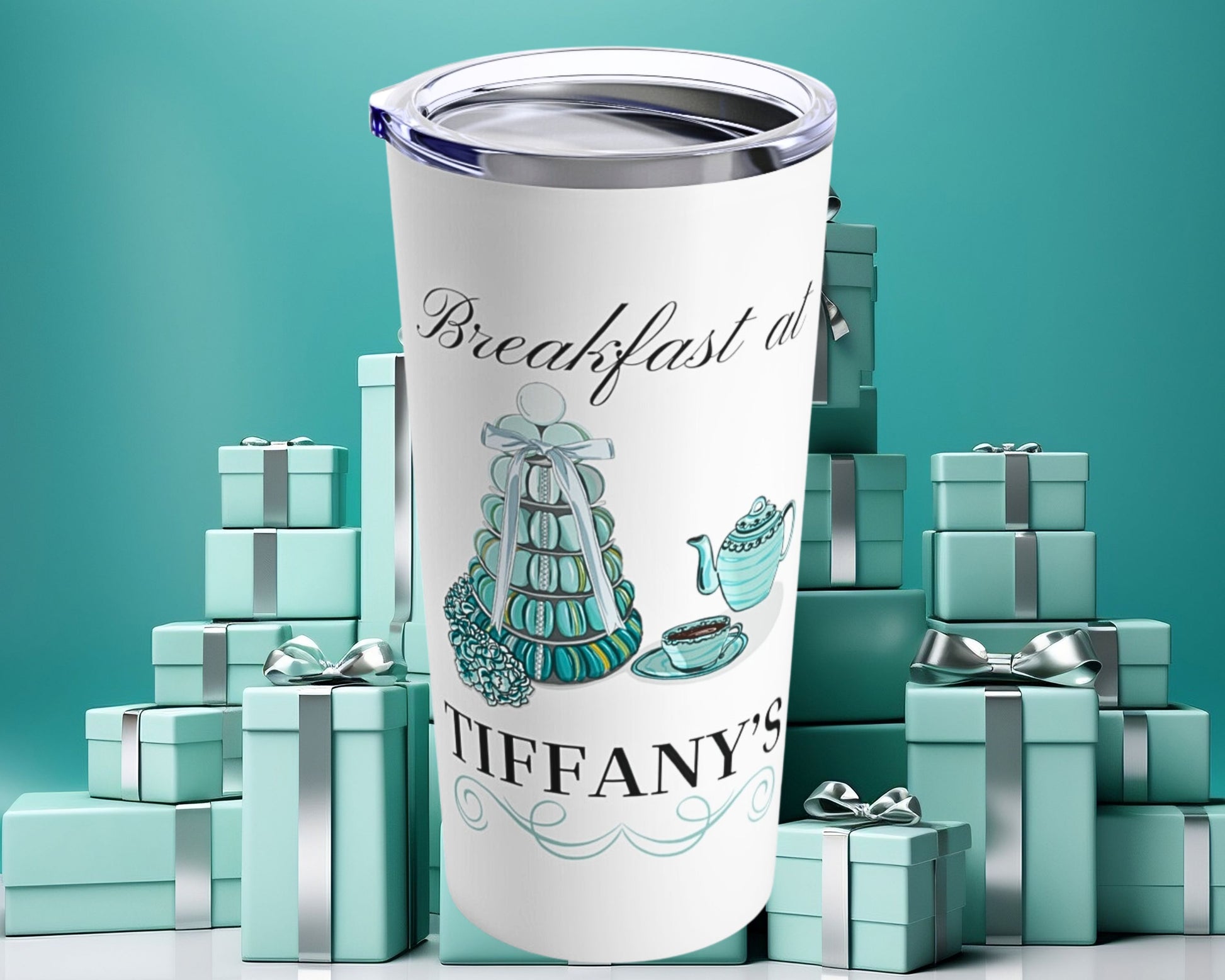 Breakfast at Tiffany's T & Co 20oz Tumbler, Classic Audrey Crew, Girls Brunching Weekend, Holly Golightly Fan Gift For Mom, Book Club Gift Mug Printify   