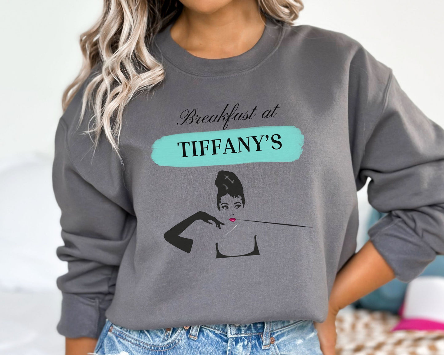 Breakfast at Tiffany's T & Co Sweatshirt , Classic Audrey Crew, Girls Brunching Weekend Sweater, Women's Shirt, Truman Capote Fan Gift Sweatshirt Printify   