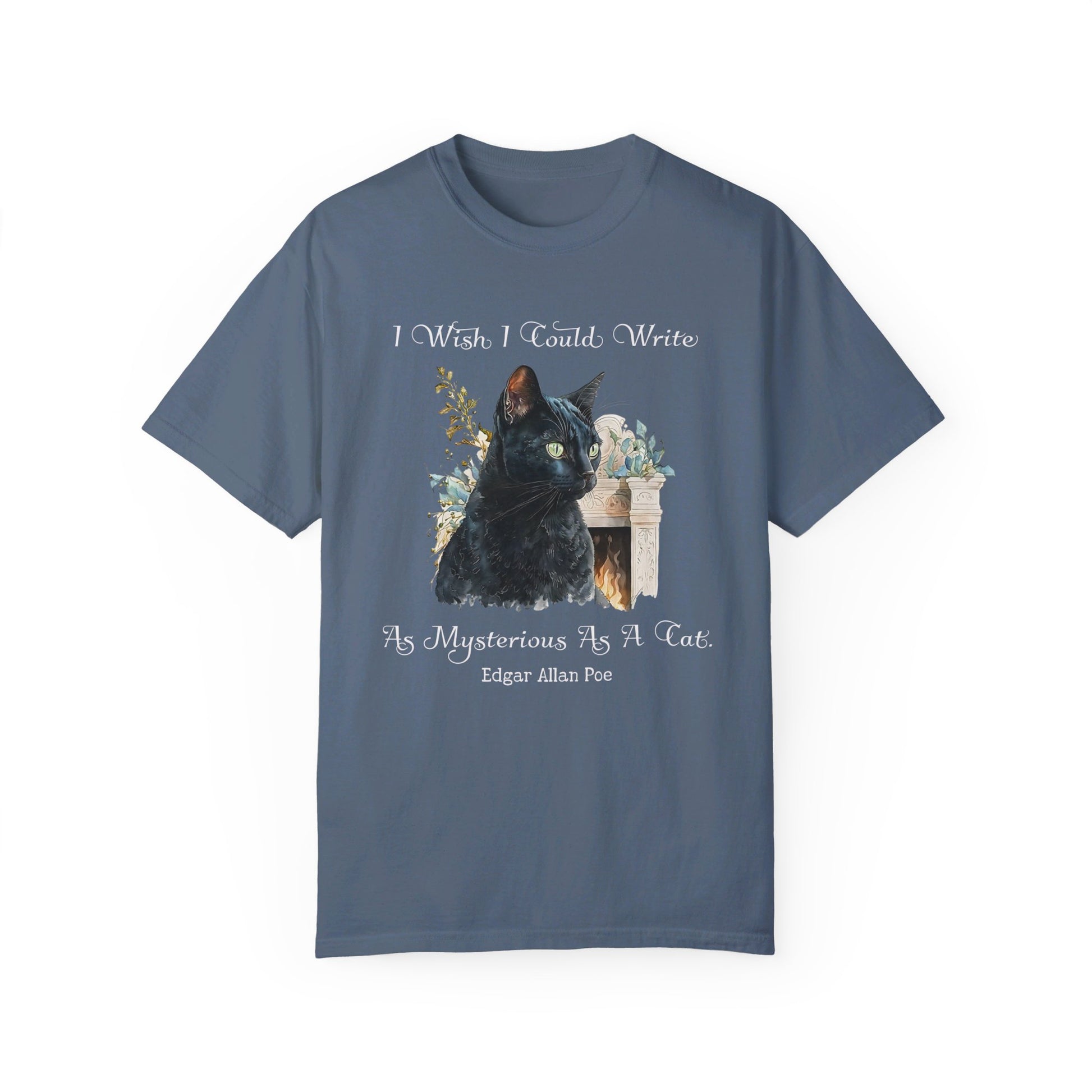 Edgar Allan Poe T-Shirt The Black Cat Nevermore The Raven Poe Fan Art Poetry Book Lover, Dark Cottagecore Macabre Gift, Light, Dark Academia T-Shirt Printify Blue Jean S 