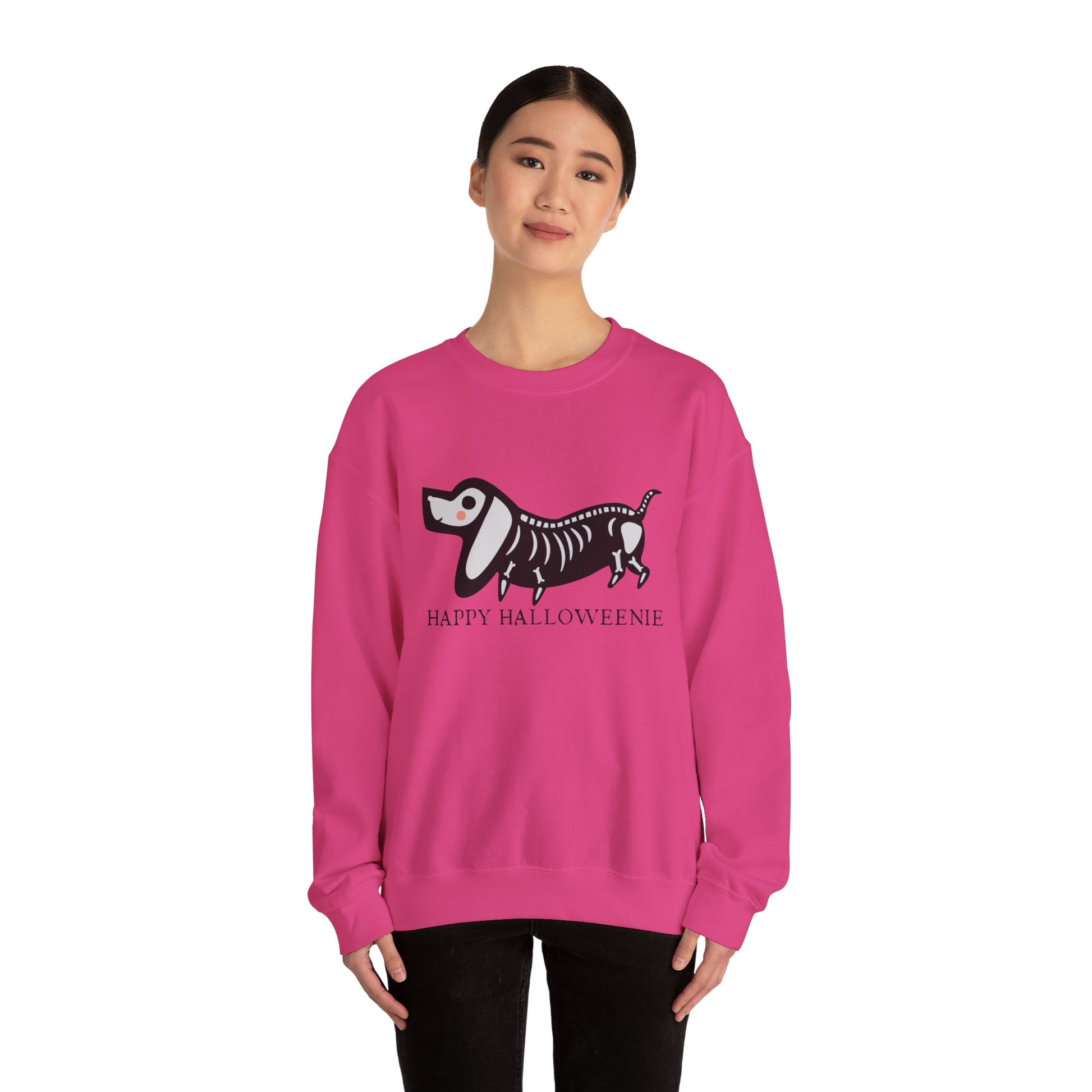 Funny Halloween Dachshund Lover Sweatshirt, Skeleton Dachshund Walking Graphic, Trick or Treat Shirt, Spooky Season, Happy Halloweenie Top Sweatshirt Printify   