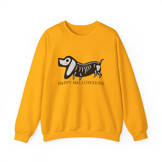 Funny Halloween Dachshund Lover Sweatshirt, Skeleton Dachshund Walking Graphic, Trick or Treat Shirt, Spooky Season, Happy Halloweenie Top Sweatshirt Printify S Gold 