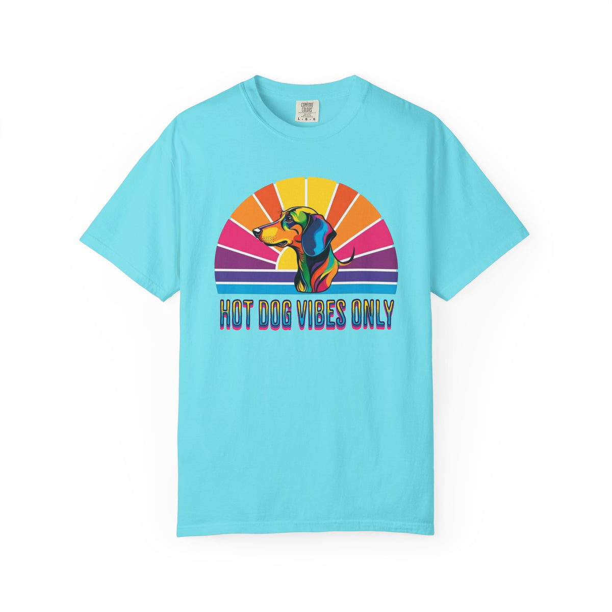 Hot Dog Vibes Only Dachshund T-shirt | Retro Rainbow Sunrise