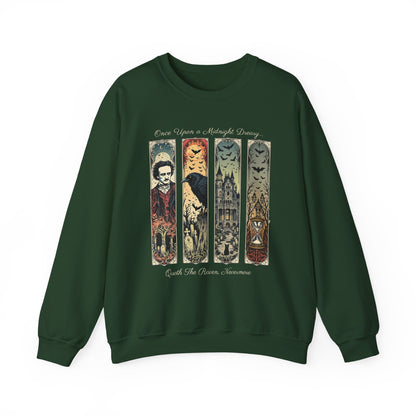 Edgar Allan Poe Sweatshirt The Raven Nevermore Gothic Horror Sweater Dark Academia Macabre Halloween Gift for Book Lovers Birthday Christmas Sweatshirt Printify Forest Green S