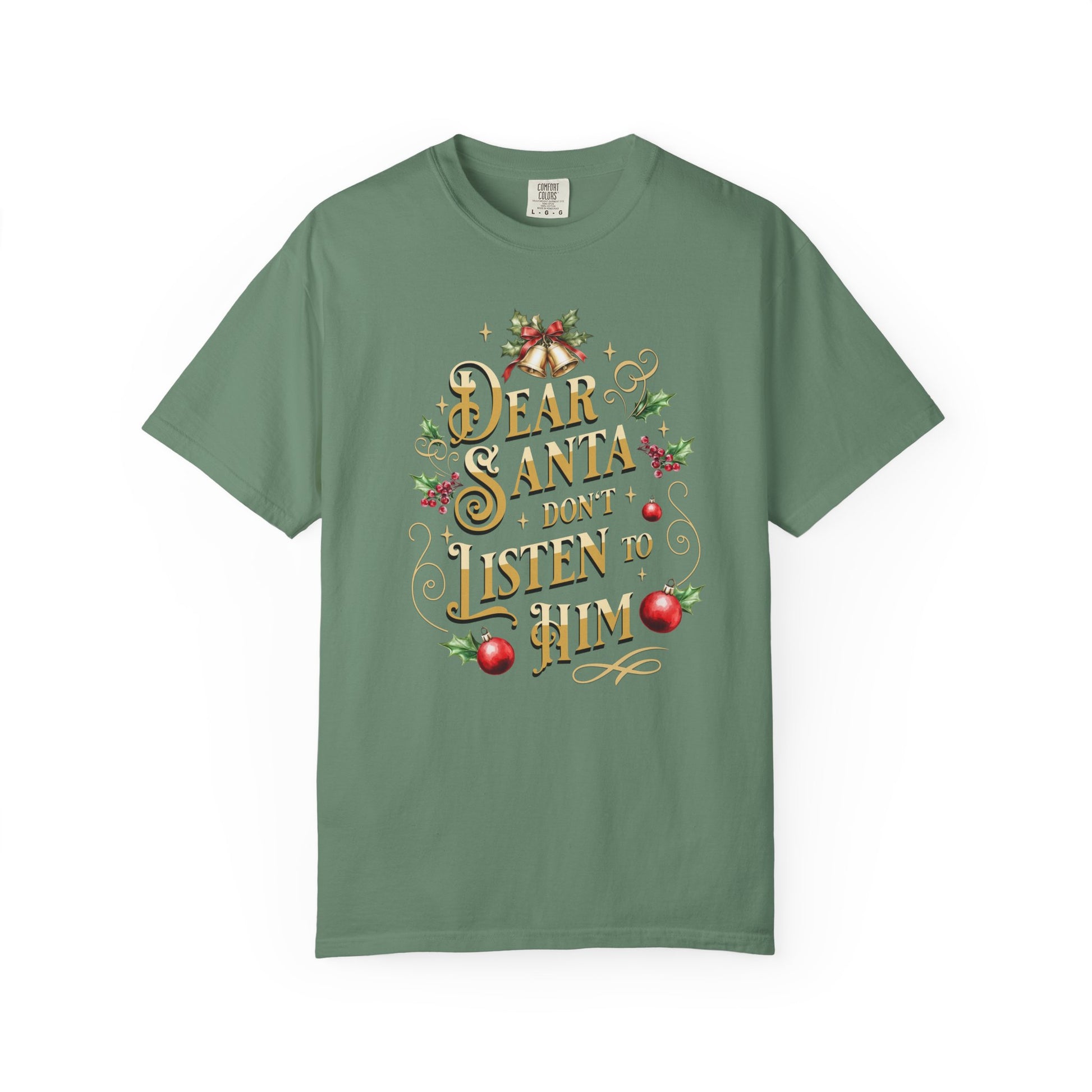 Don't Listen To Him Christmas T-Shirt, Funny Holiday Gift, Dear Santa I'm the Reason Why Tee, Unisex Casual Wear, Festive Apparel T-Shirt Printify Light Green S