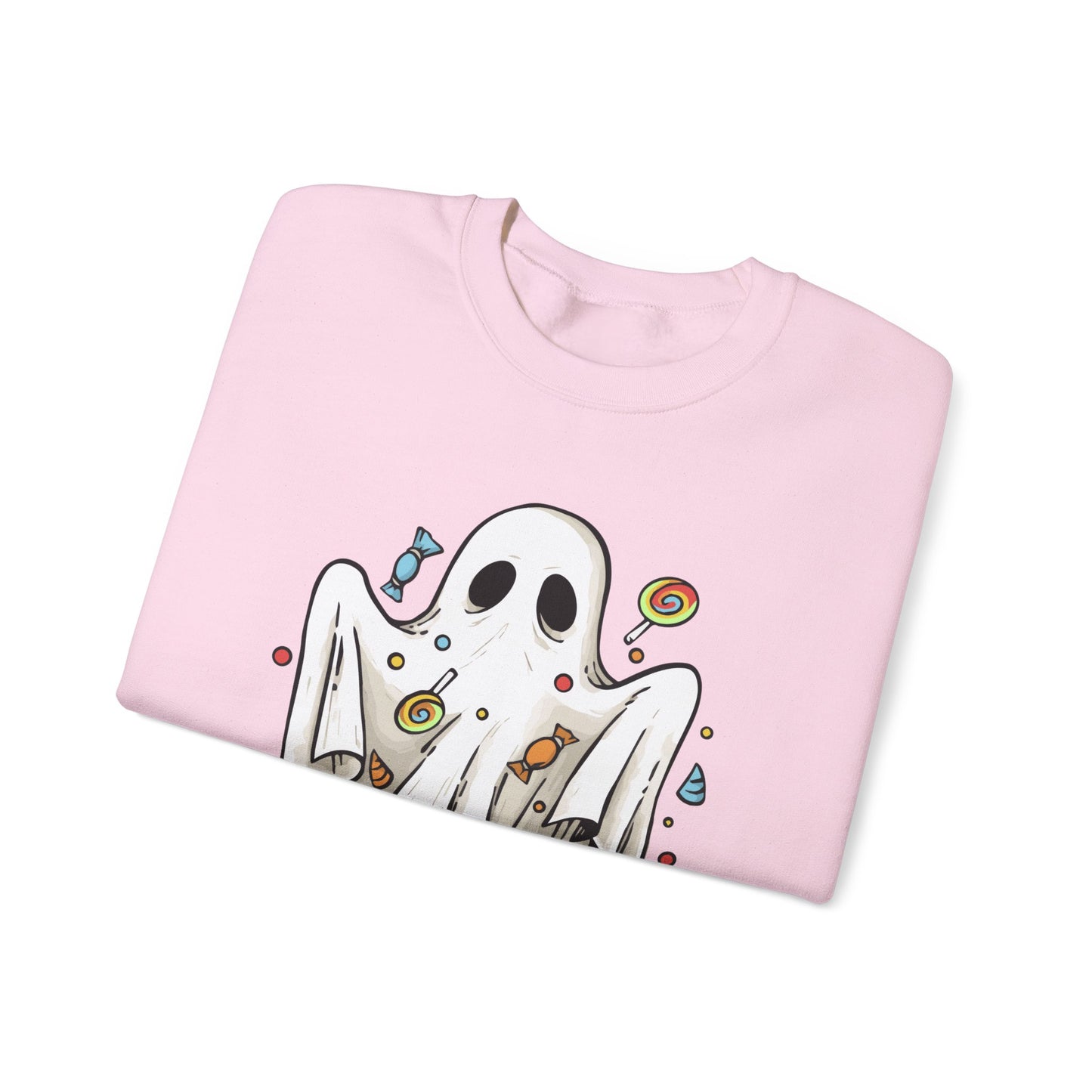 Cute Halloween Ghost Floating, Covered in Candy Sweatshirt, Trick or Treat Shirt, Spooky Ghost Season, Fun Halloween Party, Festival Sweater Sweatshirt Printify   