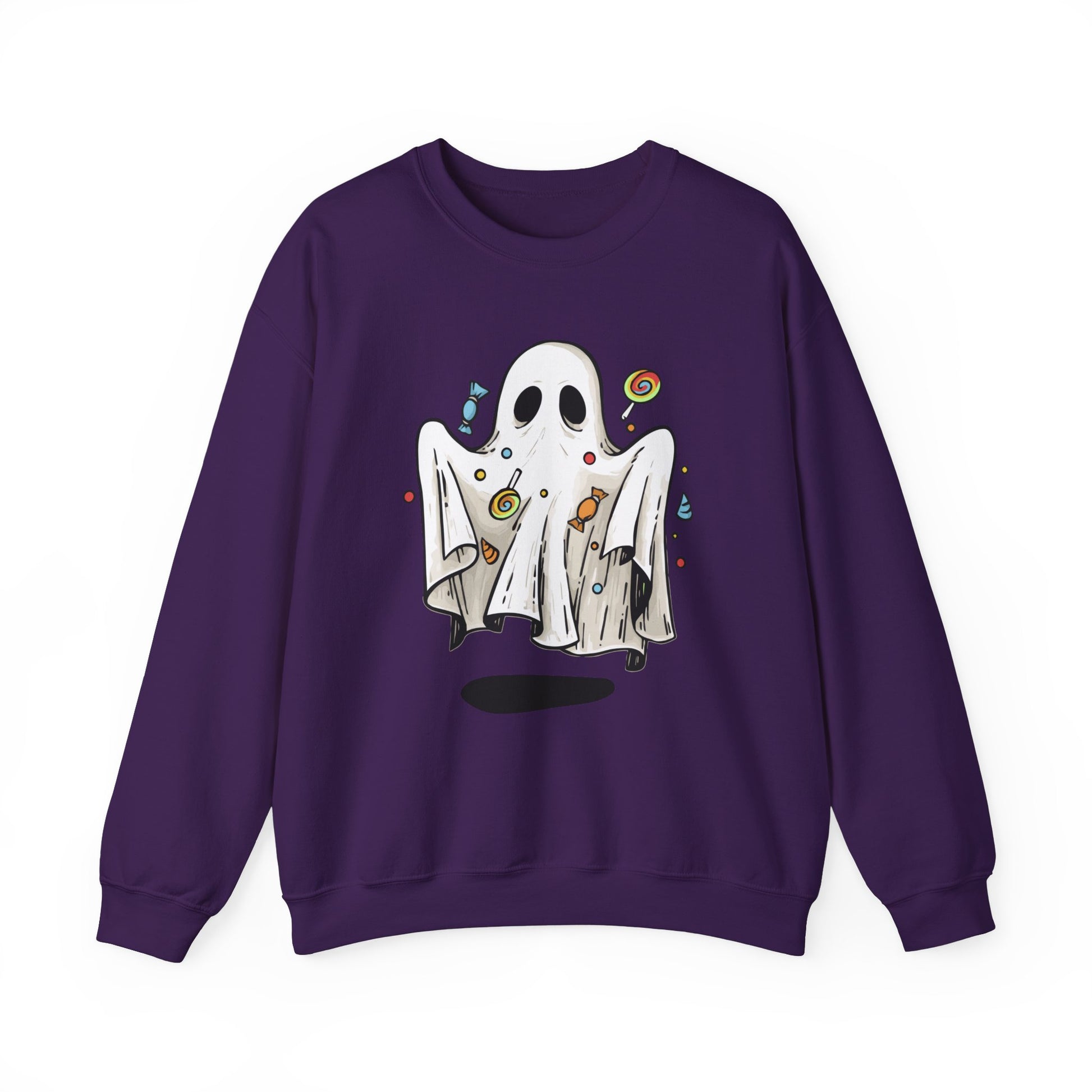 Cute Halloween Ghost Floating, Covered in Candy Sweatshirt, Trick or Treat Shirt, Spooky Ghost Season, Fun Halloween Party, Festival Sweater Sweatshirt Printify S Purple 