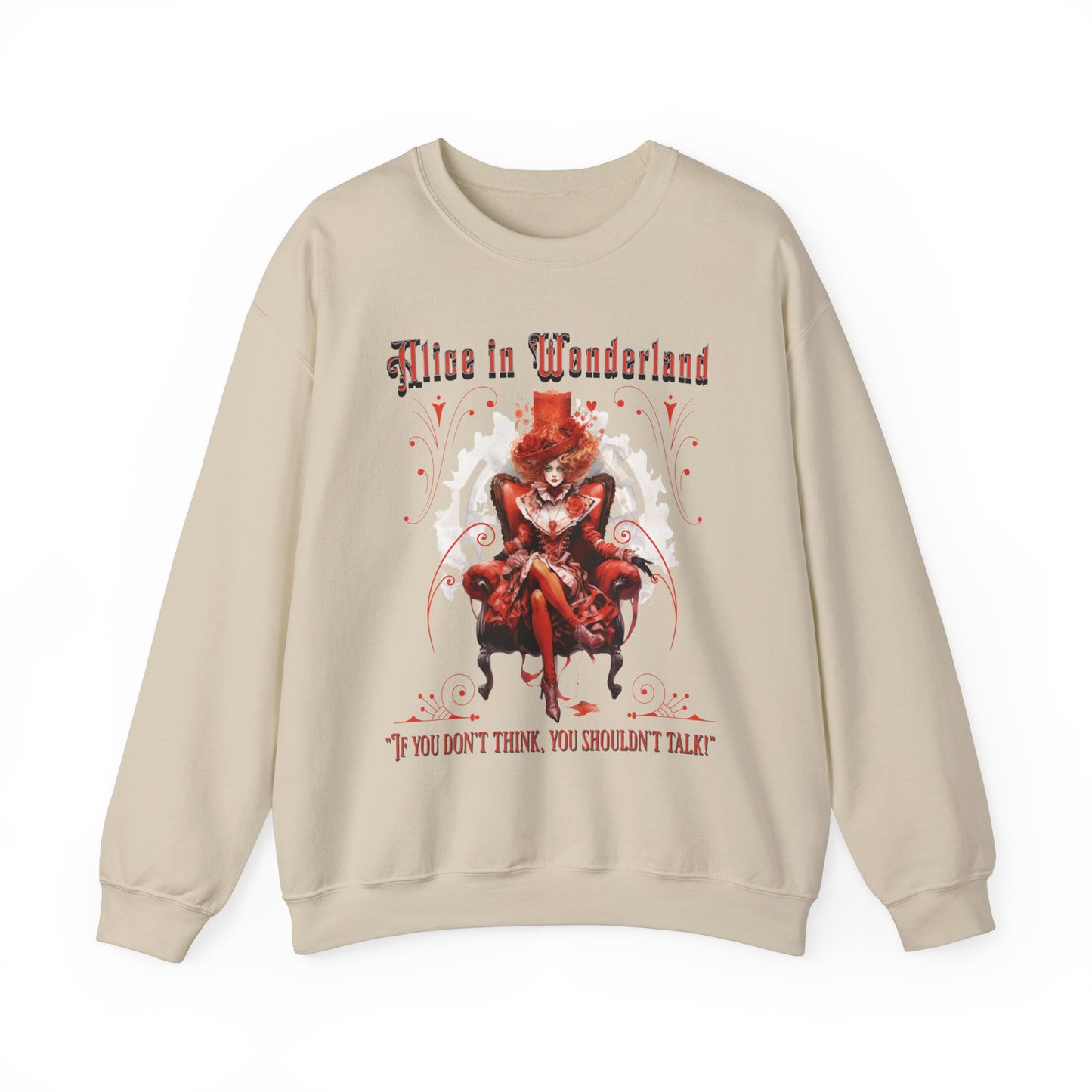 Queen of Hearts Sweatshirt, Alice In Wonderland Lewis Carroll Whimsigoth Academia Sweater Mad Hatter Tea Party Tee Bookish Booktok Gift Sweatshirt Printify S Sand 