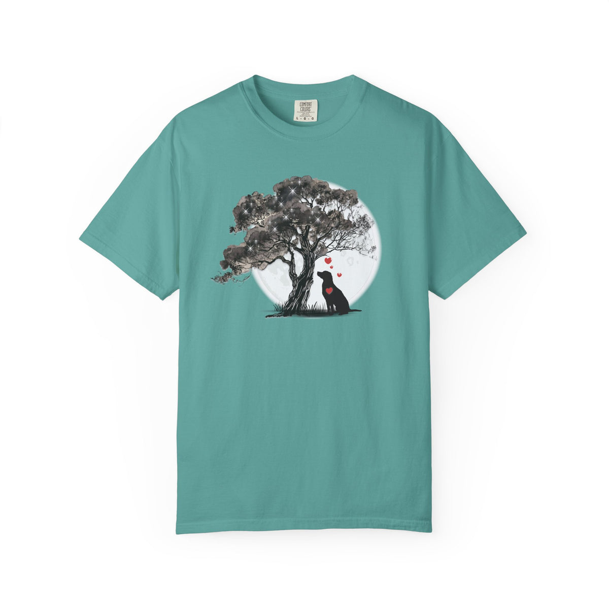 TREE MOON PET Black Dog Under Tree with Red Ball T-shirt | Dog Silhouette Nature Tee
