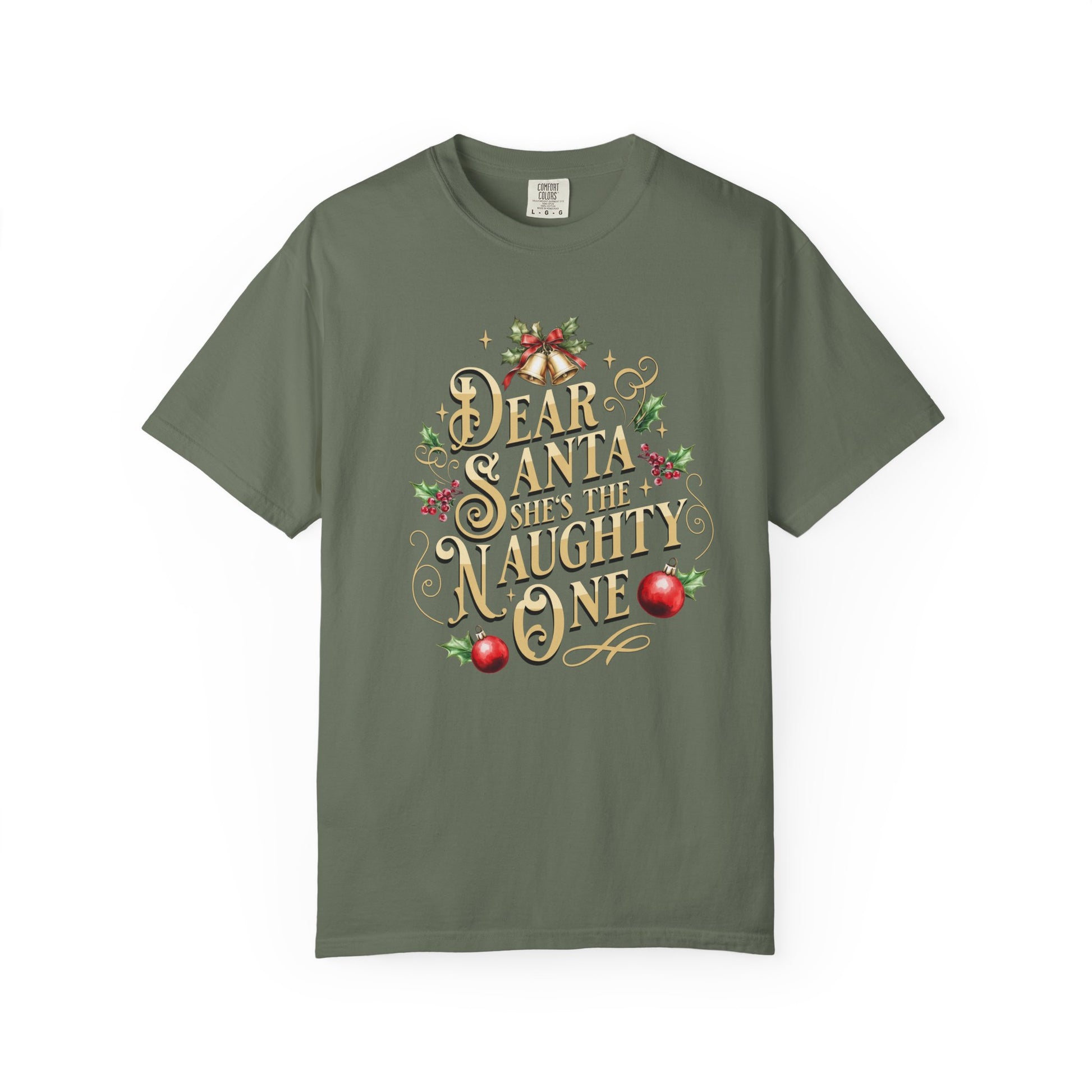 She's The Naughty One Christmas T-Shirt, Funny Holiday Gift, Dear Santa I'm the Reason Why Tee, Unisex Casual Wear, Festive Apparel T-Shirt Printify Moss S