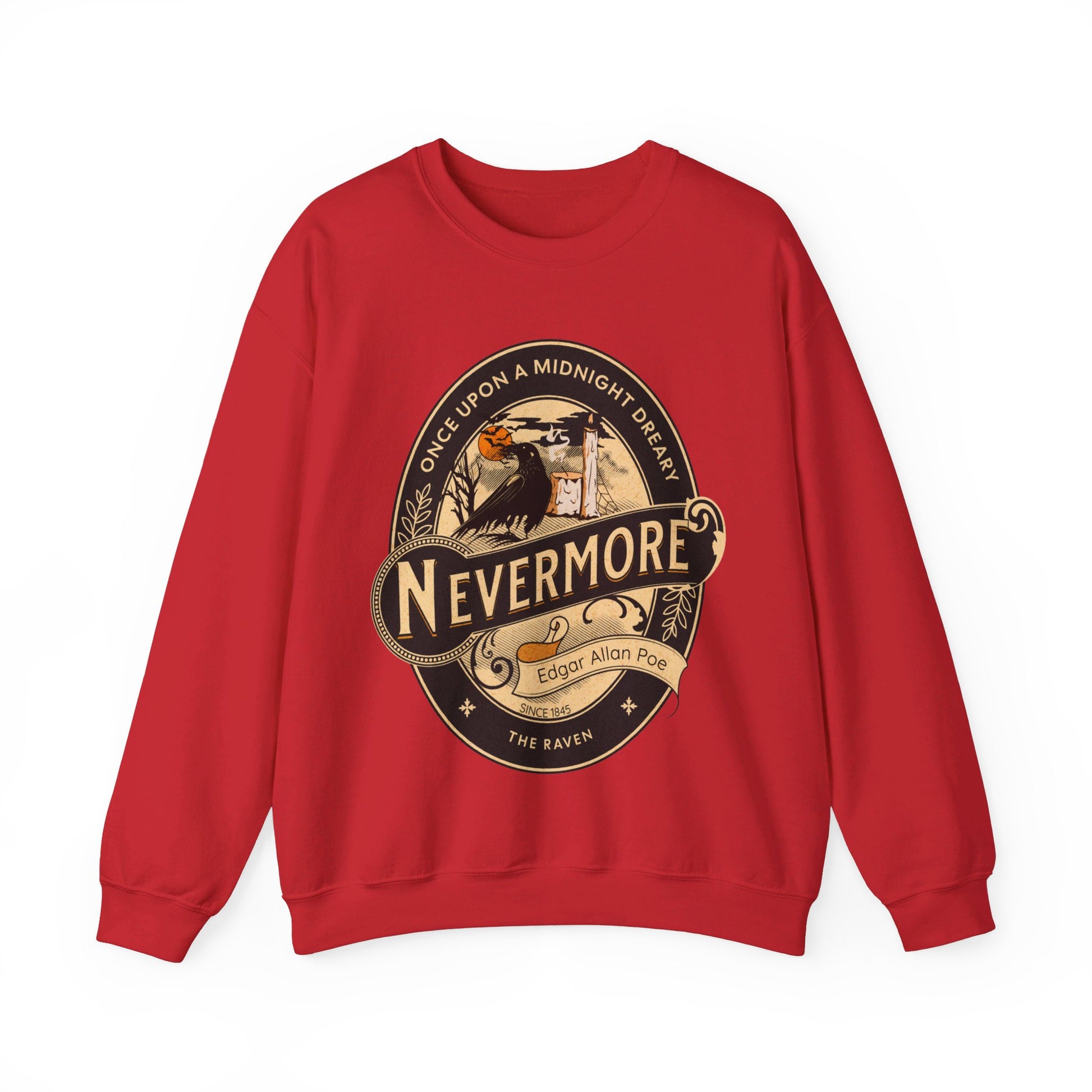 Edgar Allan Poe, Nevermore The Raven Sweatshirt, Book Lover, Halloween, Haunting Gothic Gift, Light, Dark Academia, Horror Movie Sweater Sweatshirt Printify S Red 