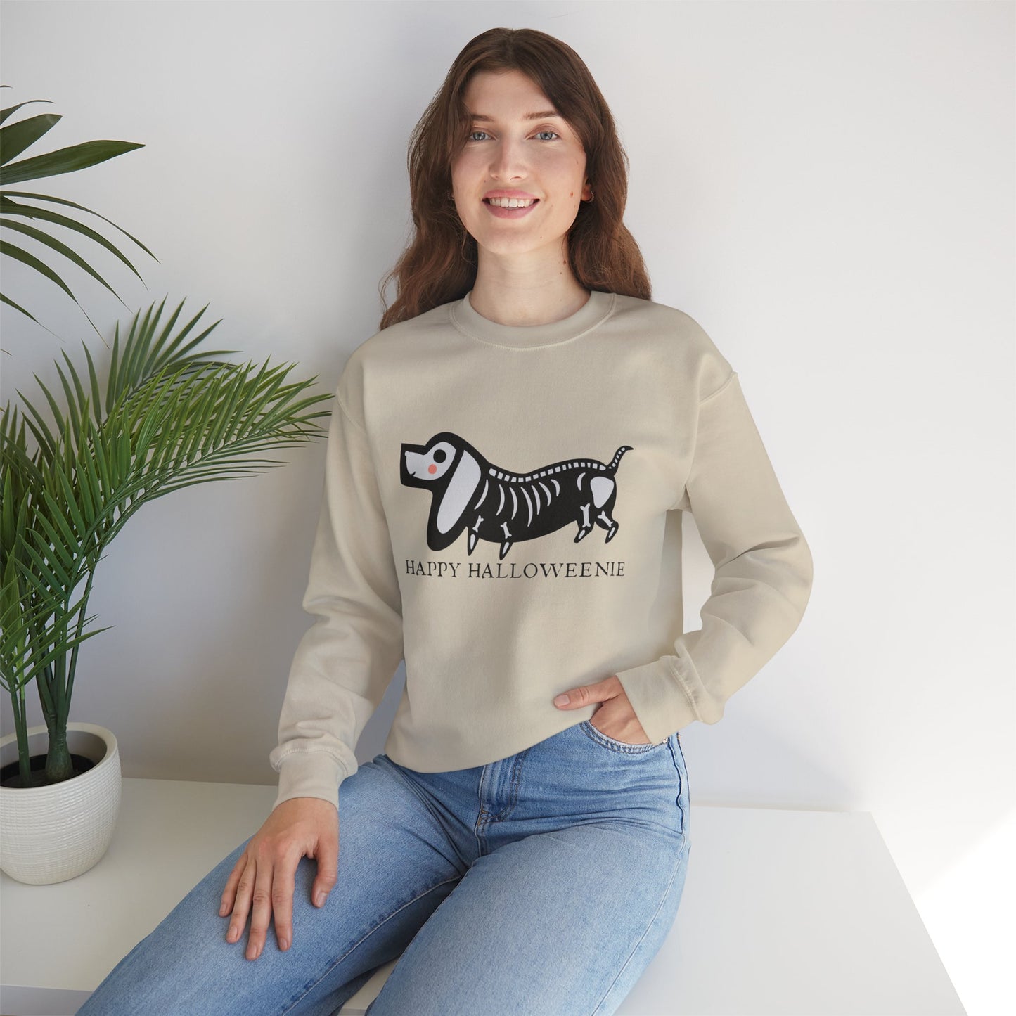 Funny Halloween Dachshund Lover Sweatshirt, Skeleton Dachshund Walking Graphic, Trick or Treat Shirt, Spooky Season, Happy Halloweenie Top Sweatshirt Printify   