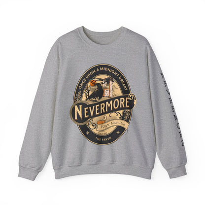 Edgar Allan Poe, Sleeve Print Nevermore The Raven Sweatshirt, Book Lover, Halloween, Haunting Gothic Gift, Light, Dark Academia, Horror Movie Sweater Sweatshirt Printify S Sport Grey 