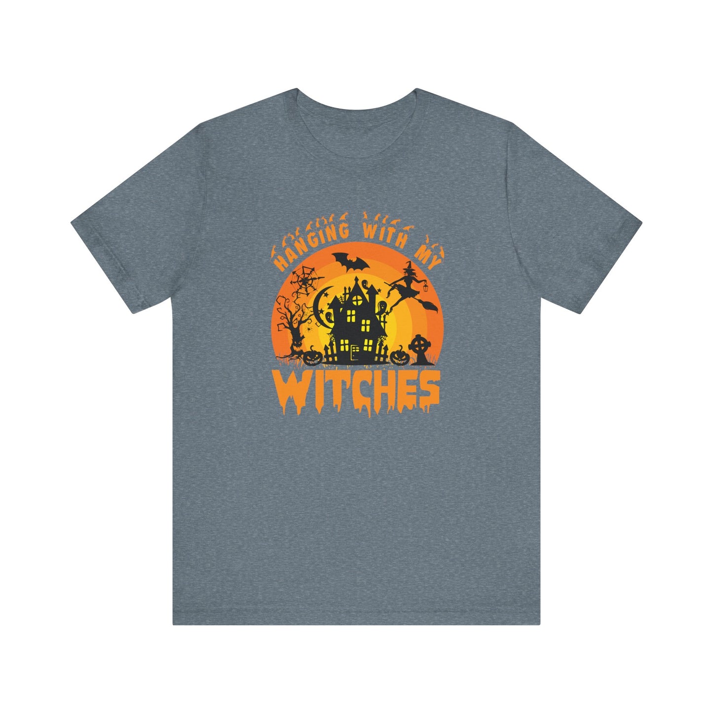 Witches and Haunted House Shirt,  Spooky Halloween Season Graphic Tee, Sunset Halloween Design, Creepy Fall or Autumn Style T Shirt, T-Shirt Printify Heather Slate XS 