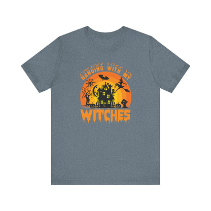 Witches and Haunted House Shirt,  Spooky Halloween Season Graphic Tee, Sunset Halloween Design, Creepy Fall or Autumn Style T Shirt, T-Shirt Printify Heather Slate XS 