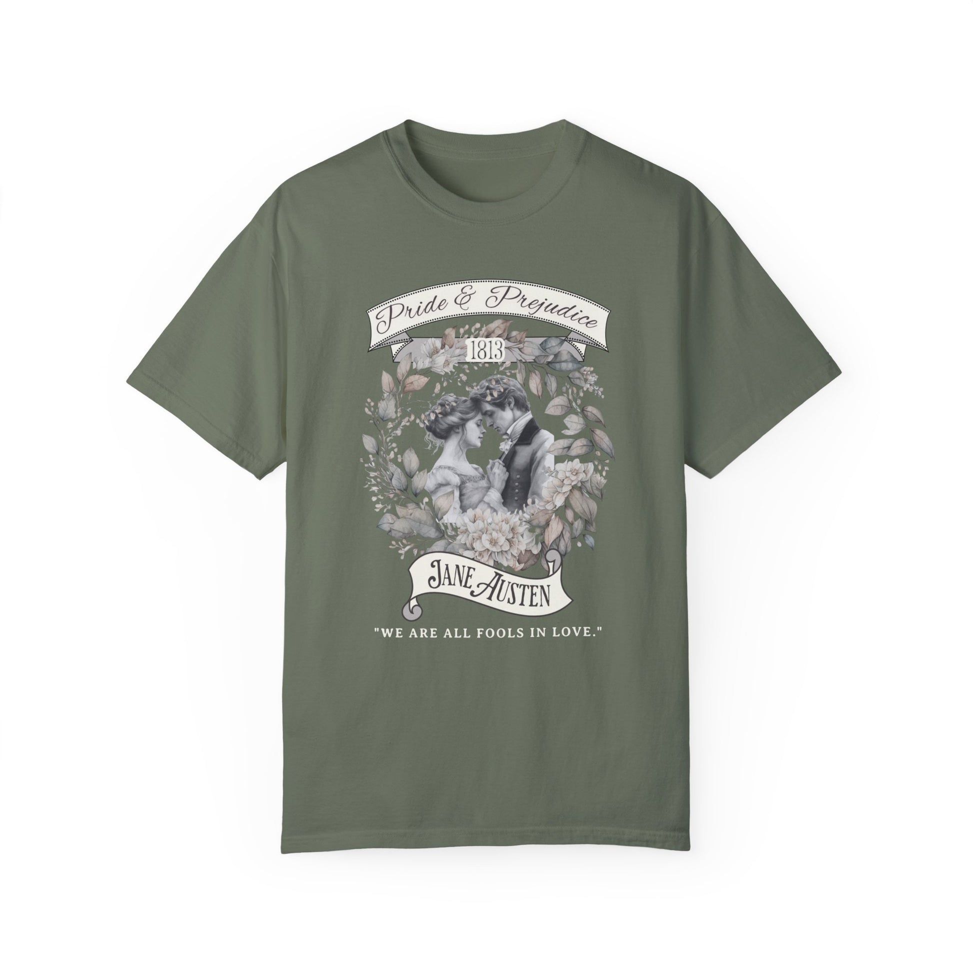 Jane Austen TShirt, Pride & Prejudice Historical Romance Comfort Colors, Bookish Literary Jane Austen Fan Art Gift, Oversized Bookclub Shirt T-Shirt Printify Moss S 