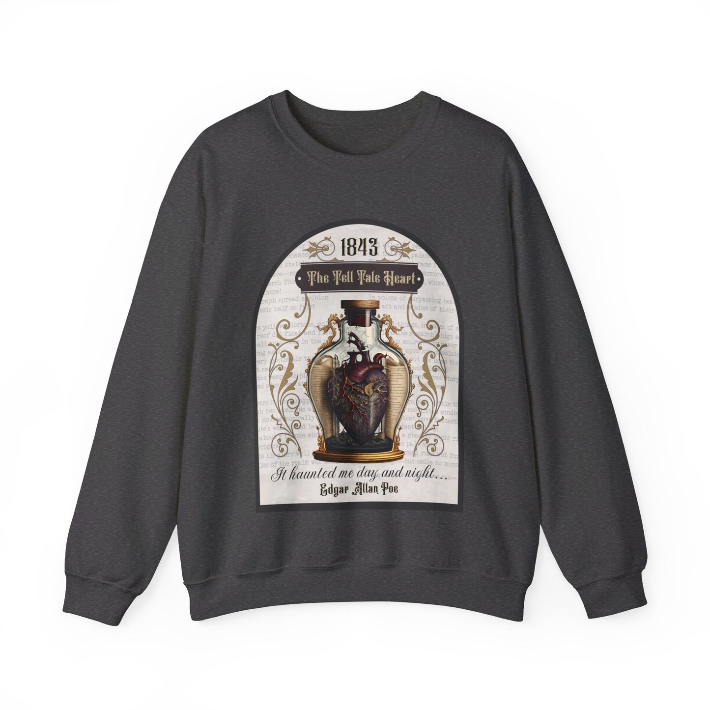 Edgar Allan Poe, The Tell Tale Heart Sweatshirt, Book Lover, Halloween, Haunting Gothic Gift, Light, Dark Academia, Horror Movie Sweater Sweatshirt Printify S Dark Heather 