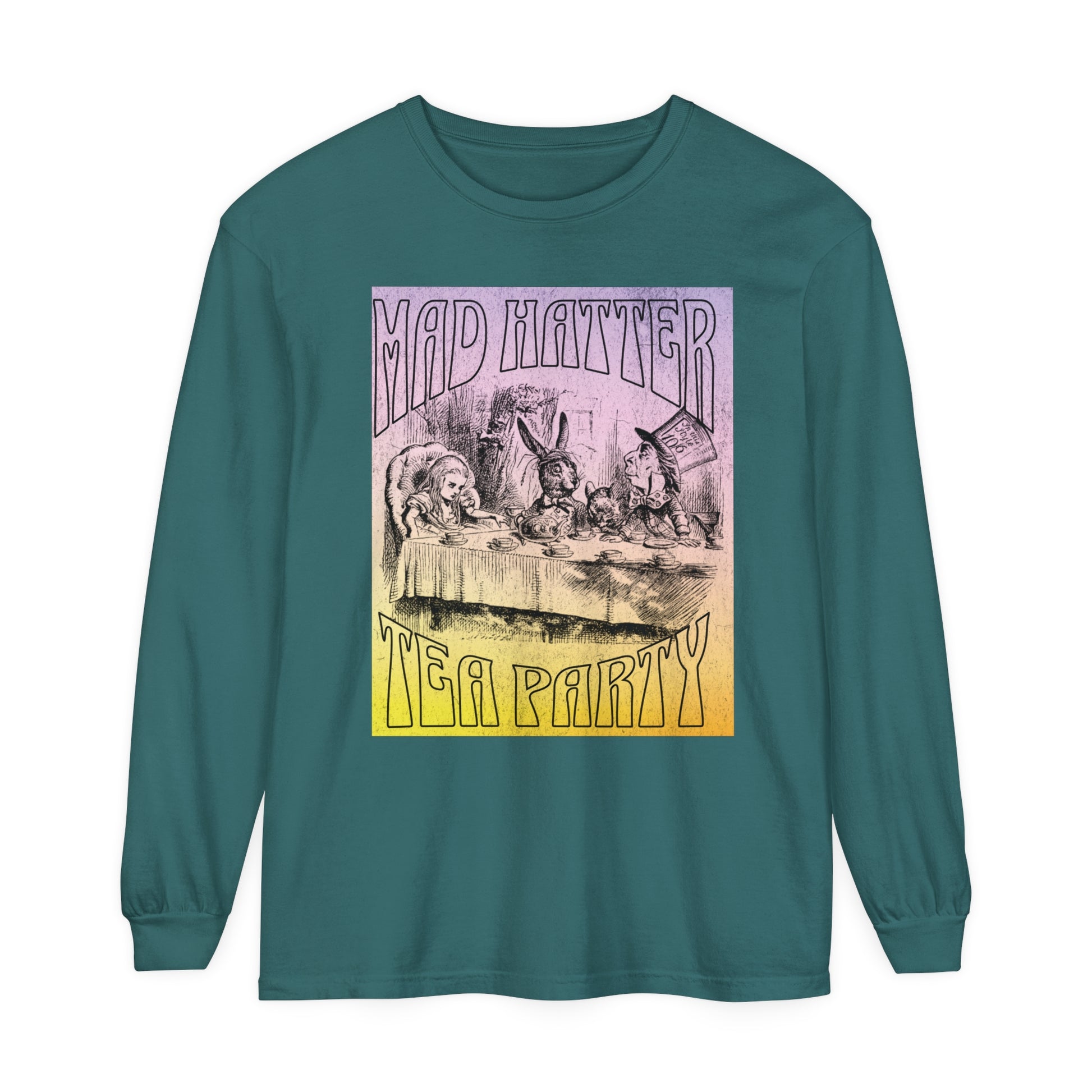 Retro Alice In Wonderland Long Sleeve Shirt, Lewis Carroll Whimsigoth Dark Academia TShirt, Mad Hatter's Tea Party Tee Bookish Booktok Gift Long-sleeve Printify Blue Spruce S 