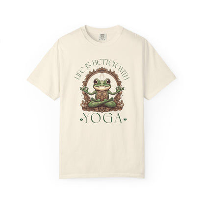 Green Yoga Frog Life Is Better With Yoga Unisex T-Shirt, Casual Wear, Highlander Fan Gift, T-Shirt Printify Ivory S