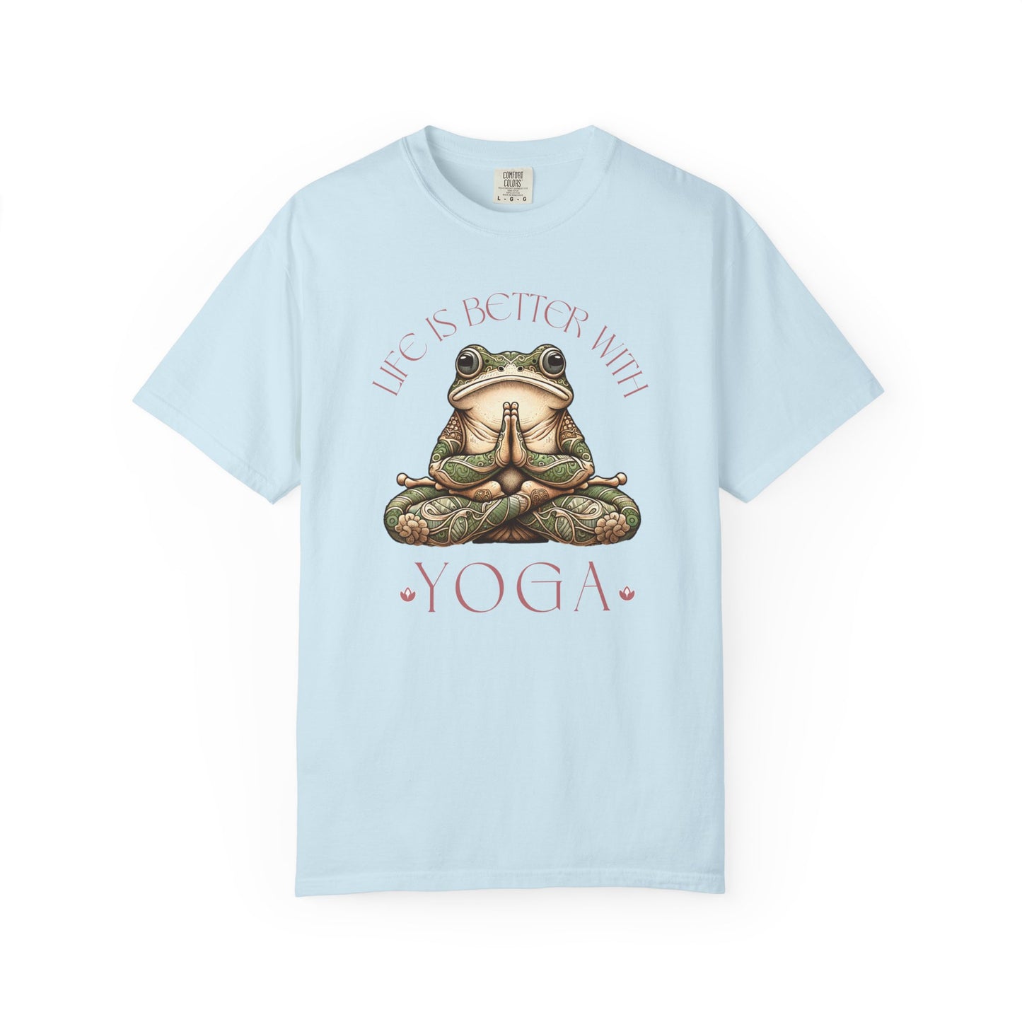 Pink Yoga Frog Life Is Better With Yoga Unisex T-Shirt, Casual Wear, Highlander Fan Gift, T-Shirt Printify Chambray S