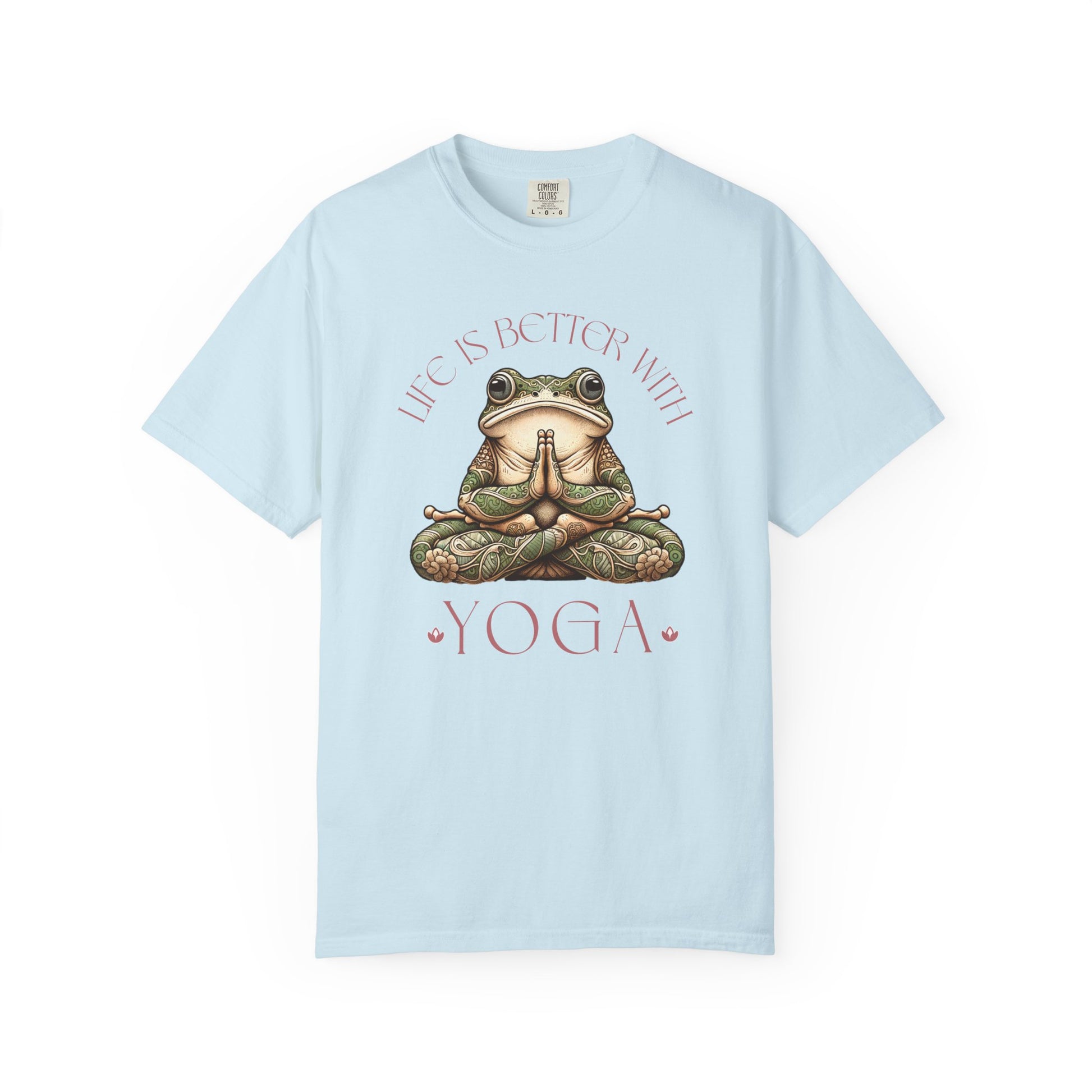 Pink Yoga Frog Life Is Better With Yoga Unisex T-Shirt, Casual Wear, Highlander Fan Gift, T-Shirt Printify Chambray S