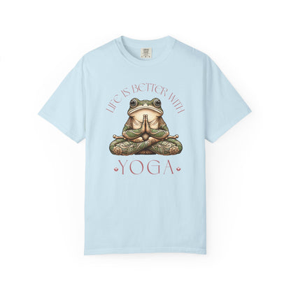 Pink Yoga Frog Life Is Better With Yoga Unisex T-Shirt, Casual Wear, Highlander Fan Gift, T-Shirt Printify Chambray S
