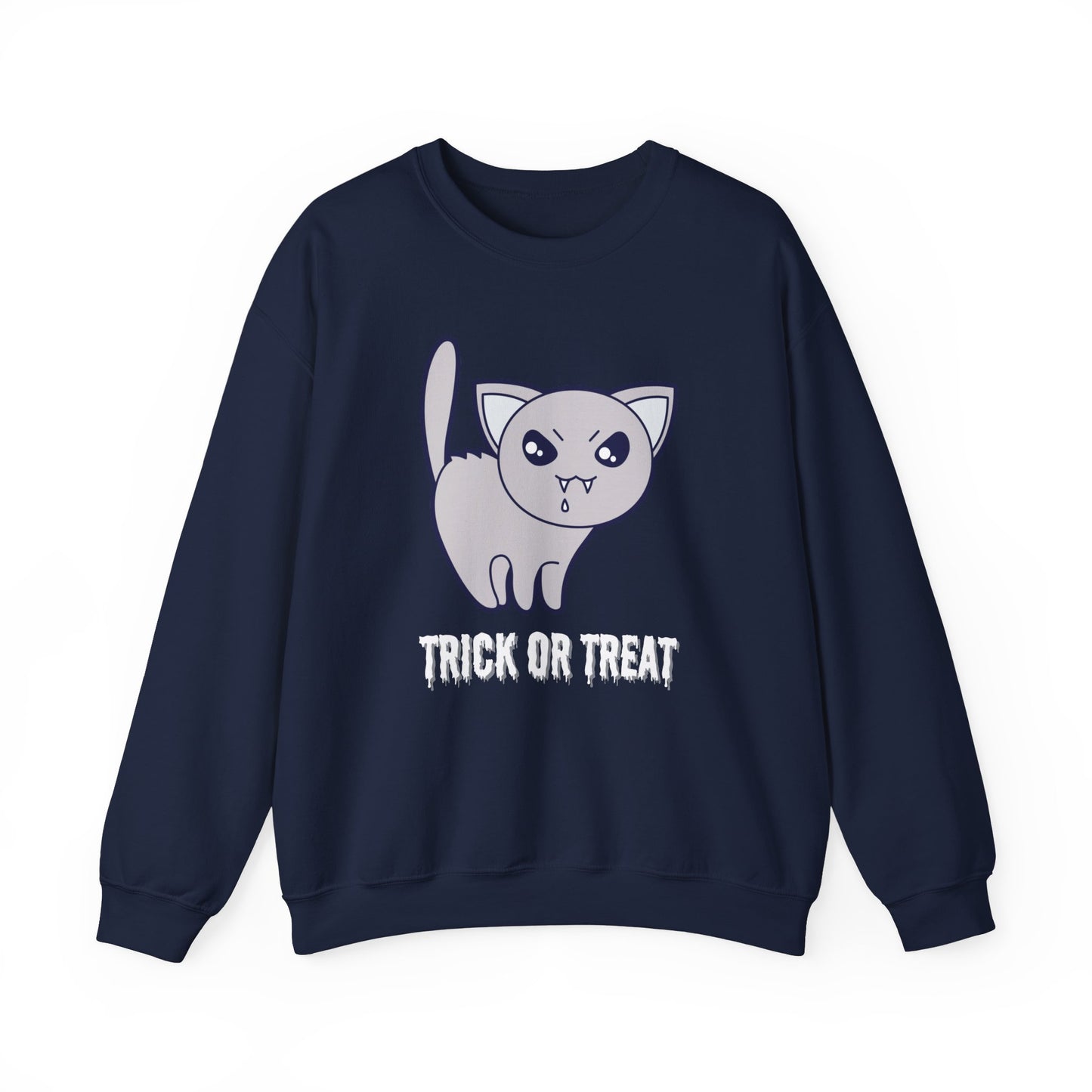 Cute Halloween Vampire Cat Sweatshirt, Trick or Treat Shirt, Spooky Ghost Season, Fun Halloween Fall, Festival Sweatshirt Sweatshirt Printify S Navy 