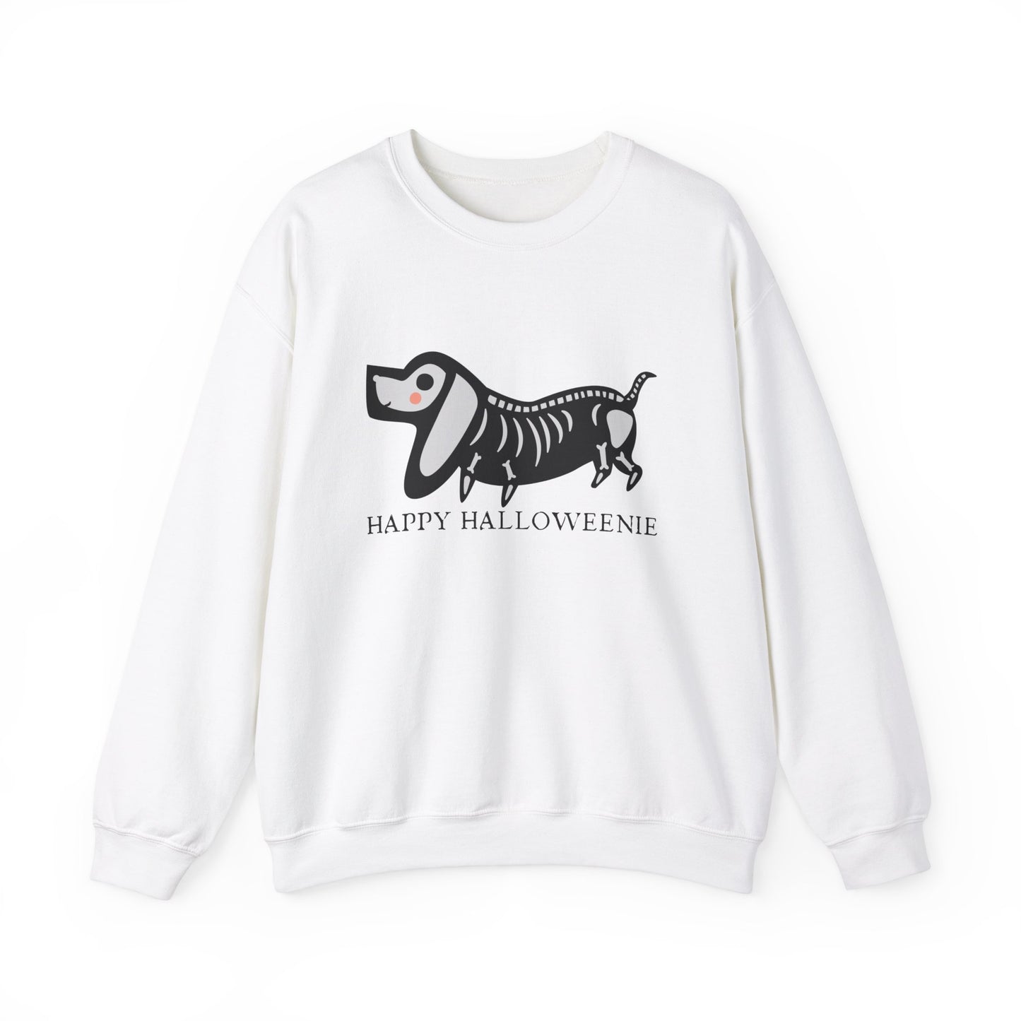 Funny Halloween Dachshund Lover Sweatshirt, Skeleton Dachshund Walking Graphic, Trick or Treat Shirt, Spooky Season, Happy Halloweenie Top Sweatshirt Printify S White 