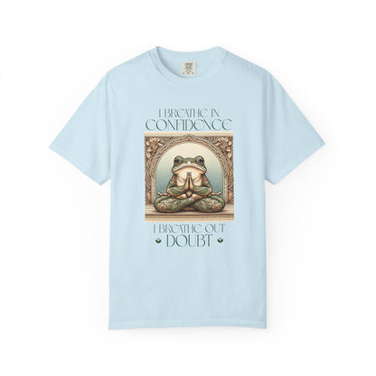 Yoga Frog Breath in Confidence Green Unisex T-Shirt, Casual Wear, Highlander Fan Gift, Comfortable Graphic Tee T-Shirt Printify Chambray S