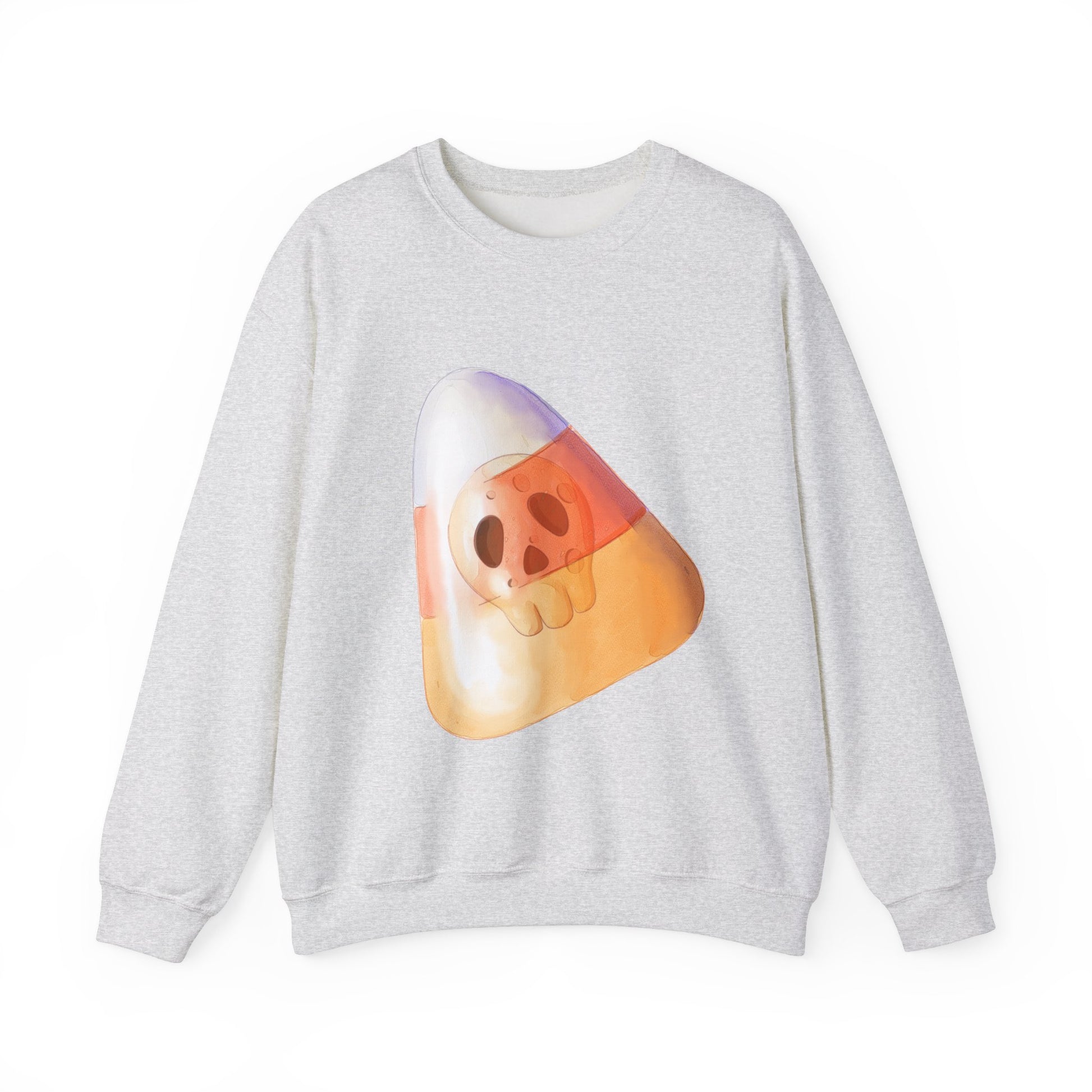 Halloween Candy Corn With Skull Face Sweatshirt, Trick or Treat Shirt, Spooky Ghost Season, Fun Halloween Fall Festival Party Sweater Sweatshirt Printify S Ash 